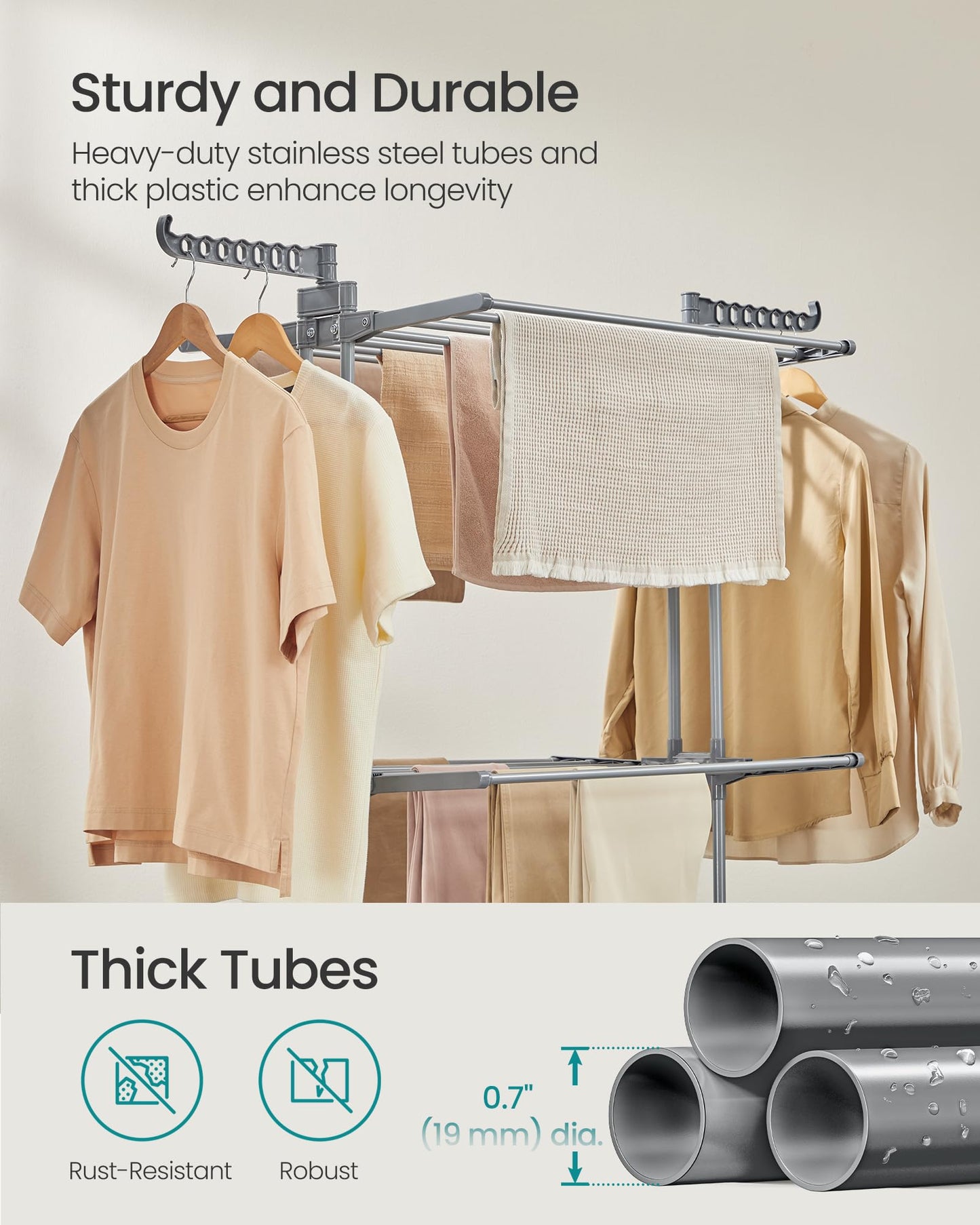 SONGMICS Clothes Drying Rack 3-Tier, Foldable Laundry Drying Rack 148 cm Tall, Steel, Rolling Clothes Horses, Laundry Hanger Dryer Airer, Indoor Outdoor Use, Dove Gray ULLR702G01