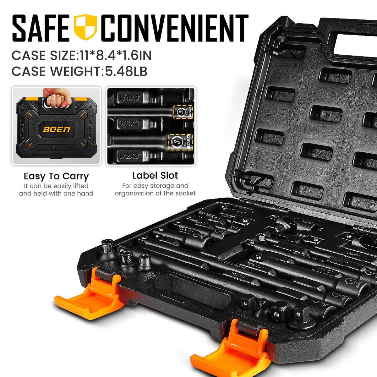 Boen 21 Piece 1/4" & 3/8" & 1/2" Drive Tool Accessory Set, Includes Socket Adapters, Extension Bars, Swivel Universal Joints, Impact Coupler and 1/4" Hex Shank