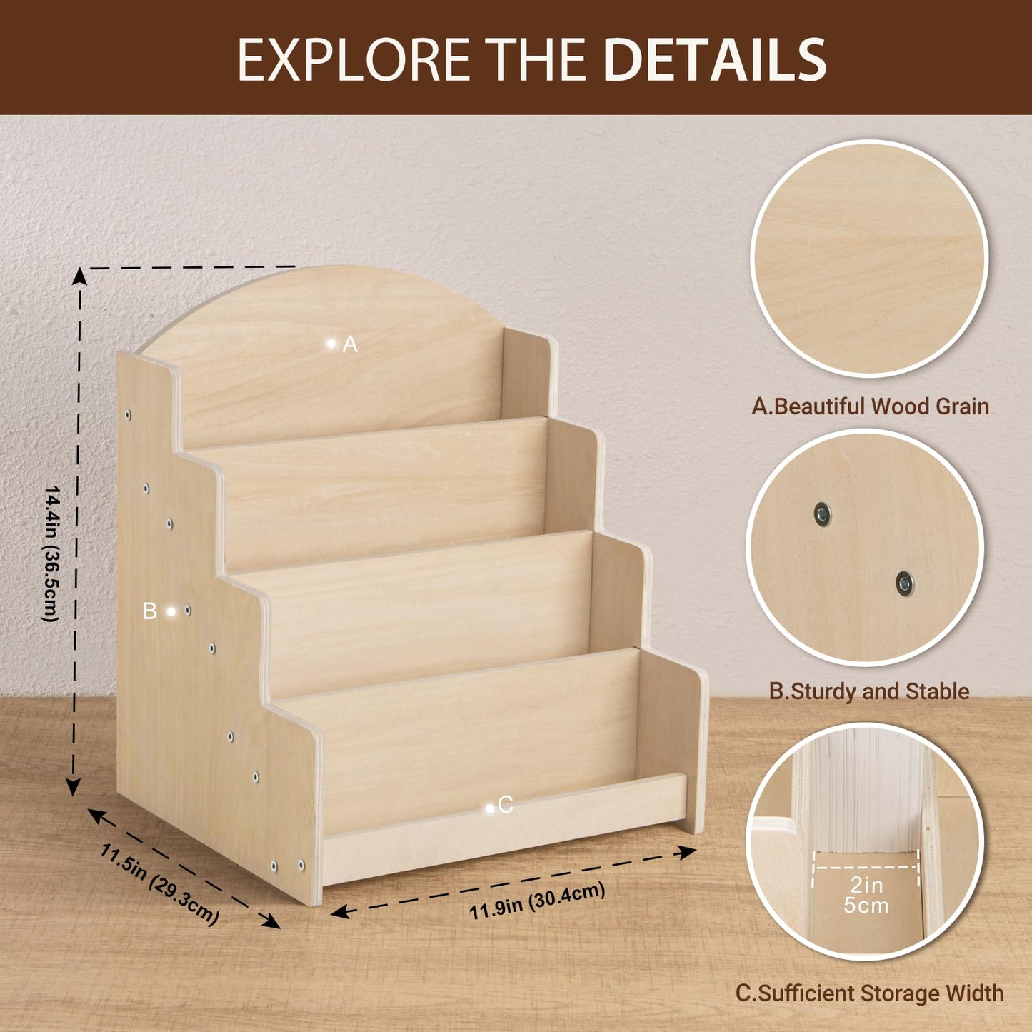Greeting Card Display Stand, Wooden 4-Tier Postcard Display Stand Holder for Sticker, Vendors, Retail Stores, Beige