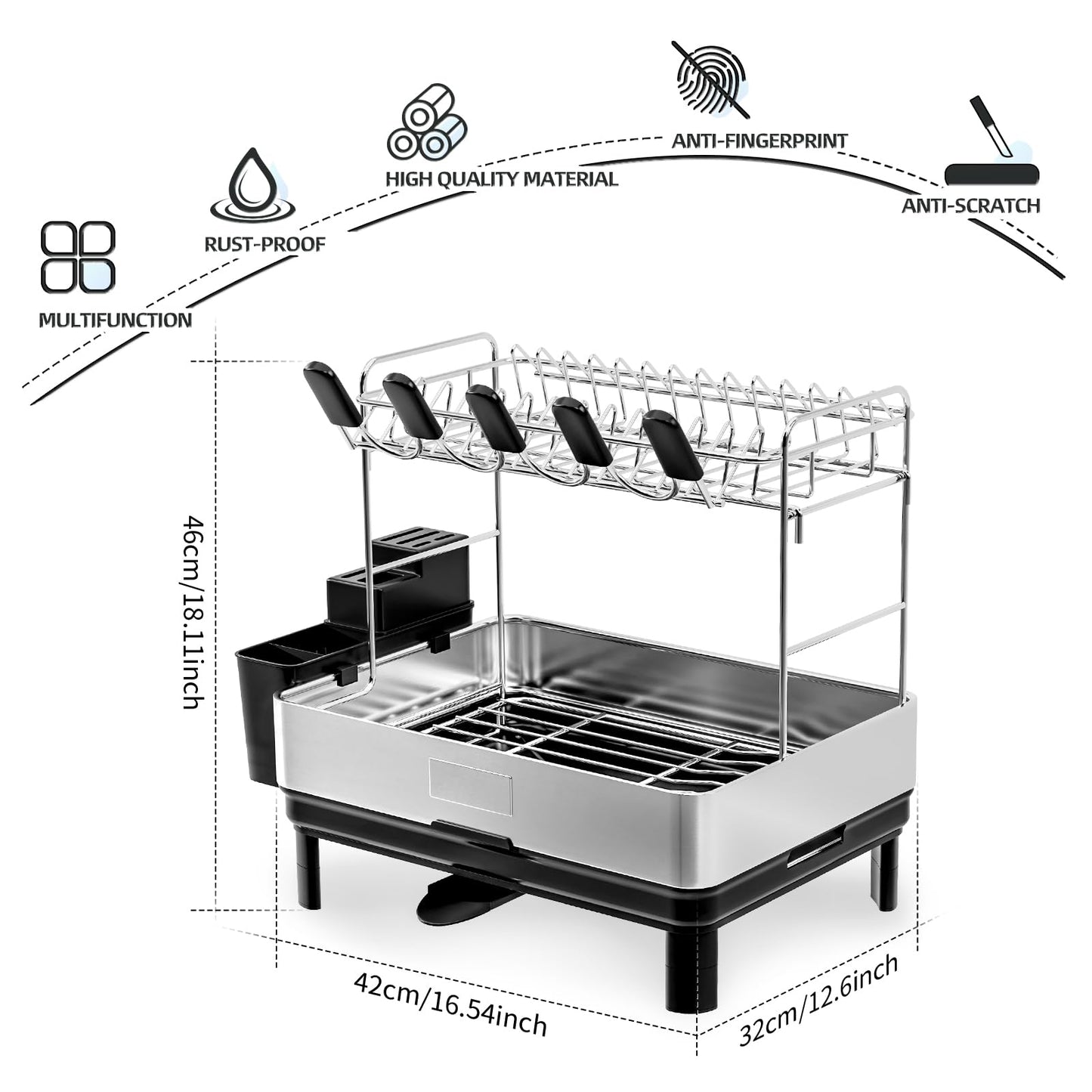 Ewaiira Dish Drying Rack, 2 Tier Large Dish Rack, Stainless Steel Dish Drainer for Kitchen Counter, Dishes Rack with Automatic Drainage, Utensil Holder,Cups Holder,Space Saving Kitchen Organizer,Black