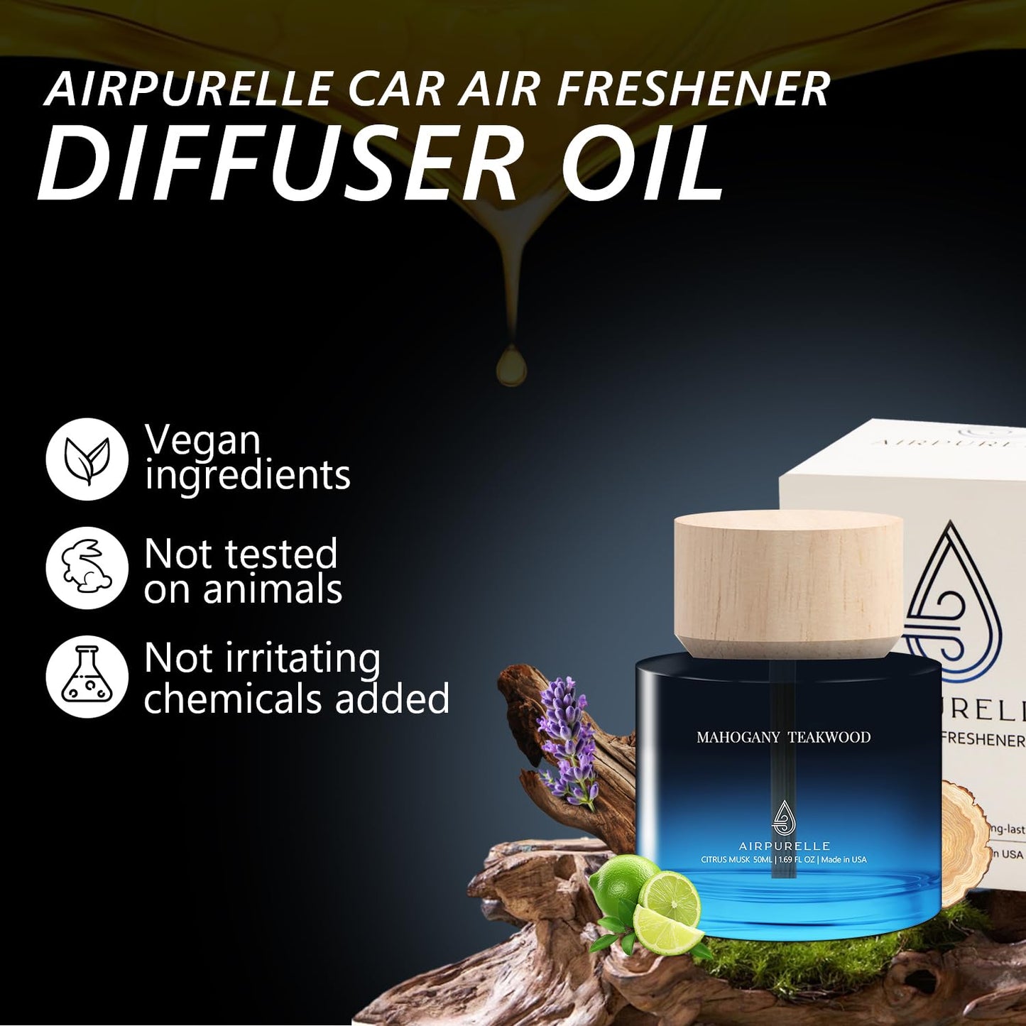 Car Air Fresheners 50ML (1.7 FL OZ) – Mahogany Teakwood Car air Freshner Long Lasting Essential Oil Diffuser, Perfume Inspired Air Freshener for Car, Safe Wooden Cup Holder Design, Made in USA