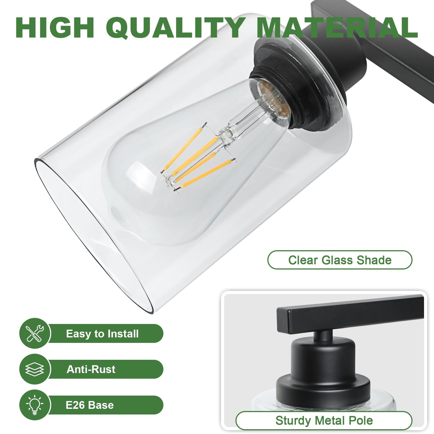 Ascher Bathroom Light Fixtures, 4-Light Vanity Lights with Clear Glass Shade, Modern Black Finish Wall Light for Mirror Bedroom Hallway Cabinet Porch