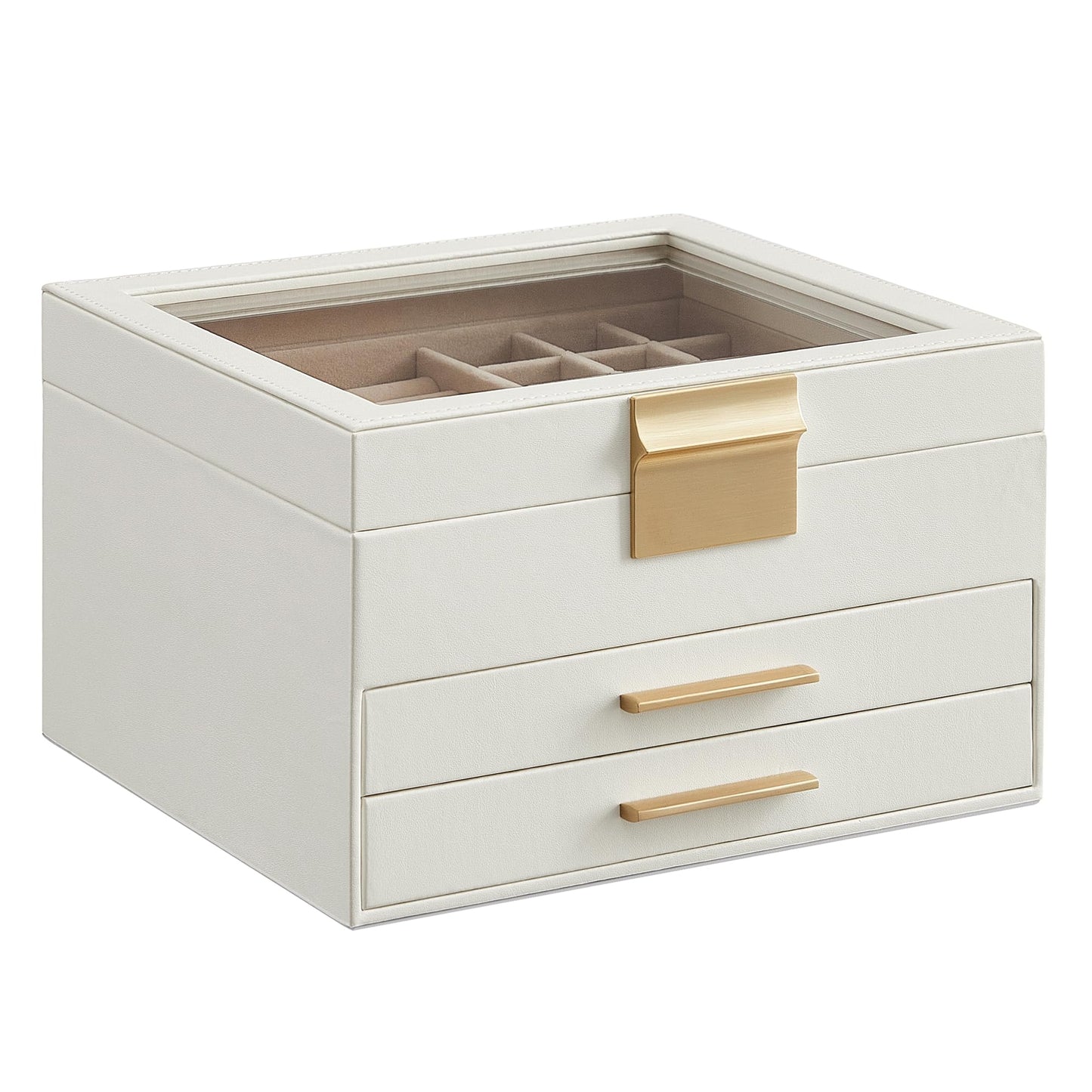 SONGMICS GISELLA Collection - Jewelry Box Organizer, 3-Layer Jewelry Storage with 2 Drawers, Shiny Metal Hardware, Glass Lid, Modern, 20.3 x 23.1 x 13.5 cm, Cloud White and Gold Color UJBC239WT