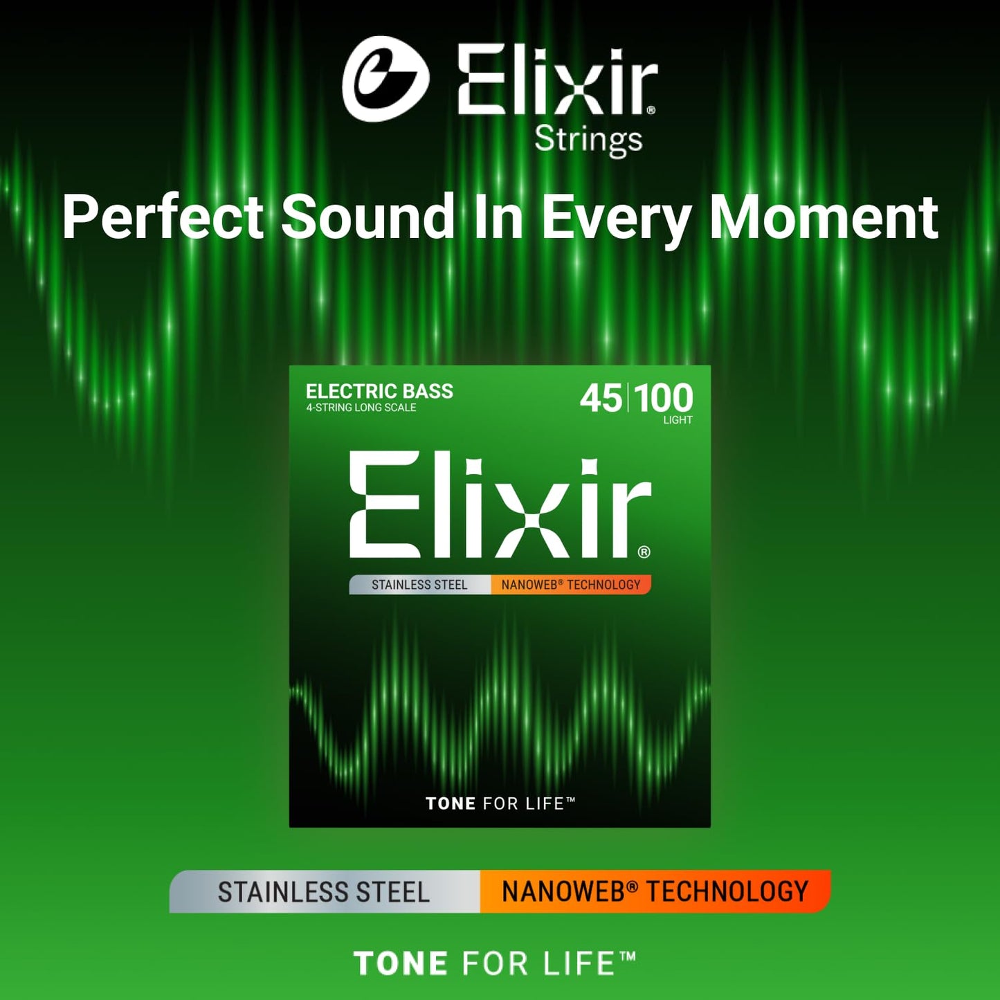 Elixir Strings, Electric Bass Guitar Strings, Stainless Steel with NANOWEB Technology, Longest-Lasting Bright Tone with Comfortable Feel, 4-String Set, Long Scale, Light 45-100