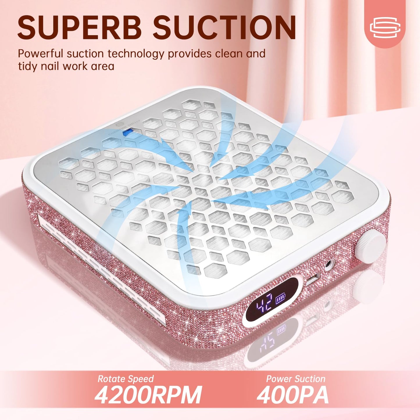 CHRISTINE SHELLY Nail Dust Collector, Rechargeable Dust Collector Nail Tech, Powerful Vacuum Fan Vent Dust Collector Extractor Dust Suction Machine for Acrylic Nails Polishing, Nail Salon&Home, Pink