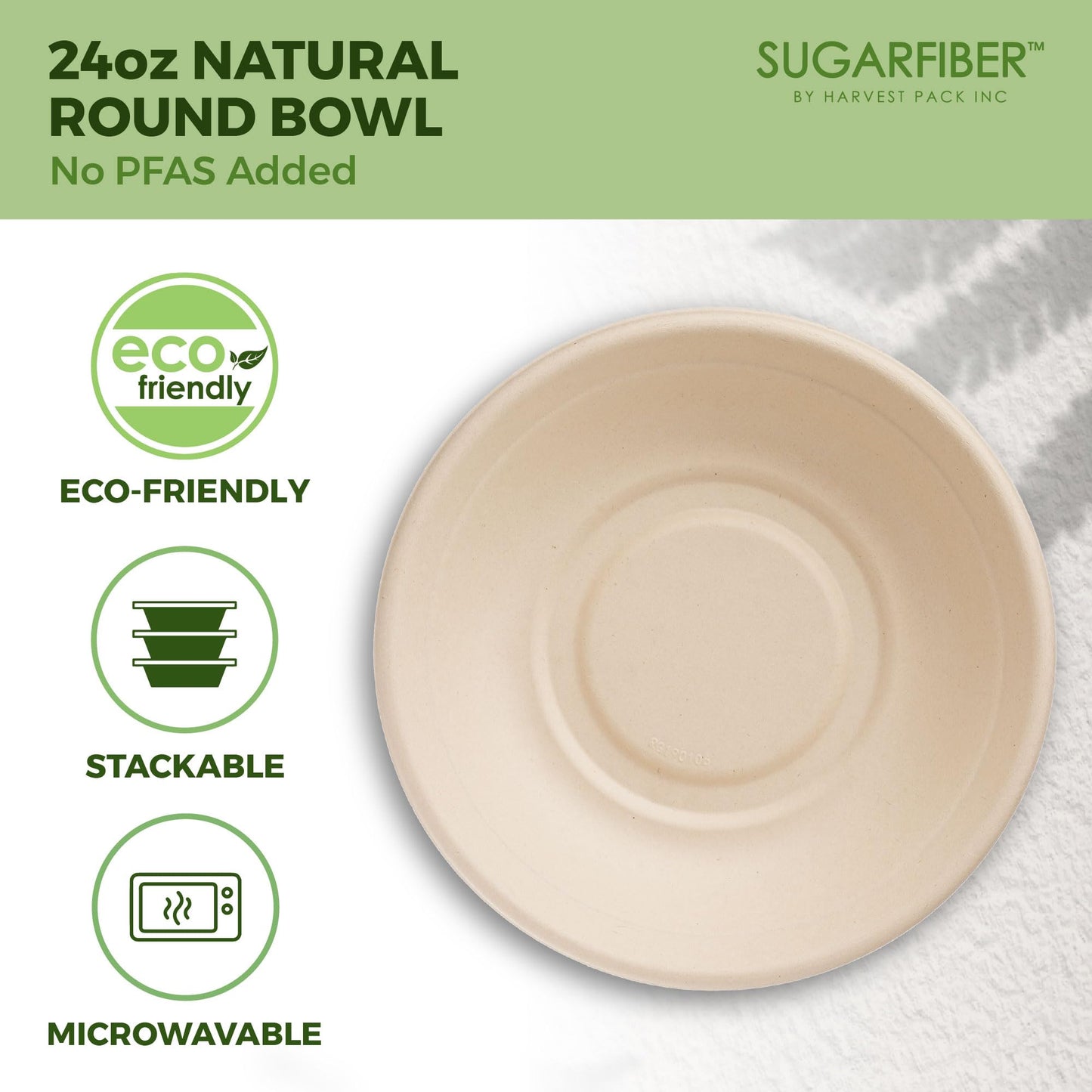 [50 Count] Sugarfiber by Harvest Pack PFAS Free 24oz Round Paper Bowls - Compostable Heavy-Duty Eco-Friendly Disposable Bagasse Bowl Sugarcane Made Plant fibers for Meal Prep