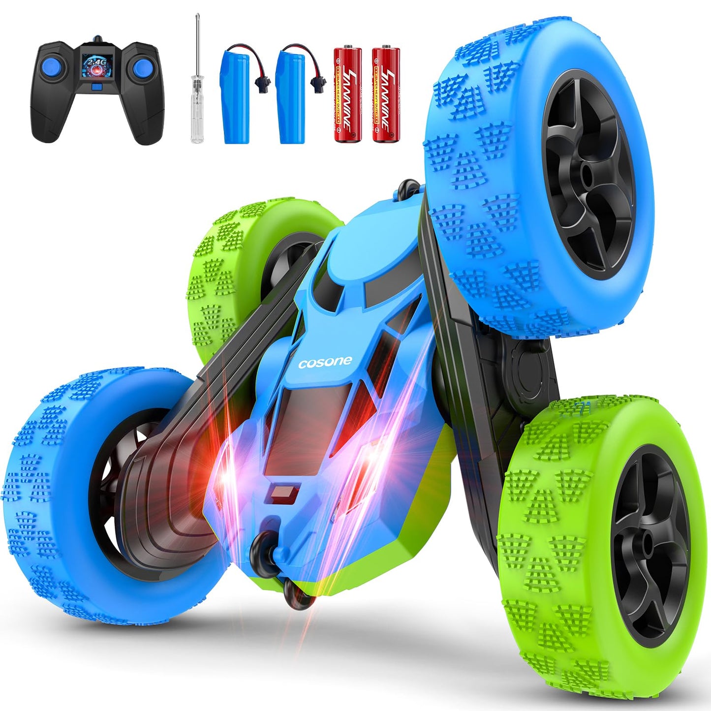 Remote Control Cars for Kids, Stunt RC Cars with 4WD Double-Sided Driving 360° Flips Rotating, Remote Car Toys for Boys Valentines Day Gifts Birthday Gifts - Blue&Green