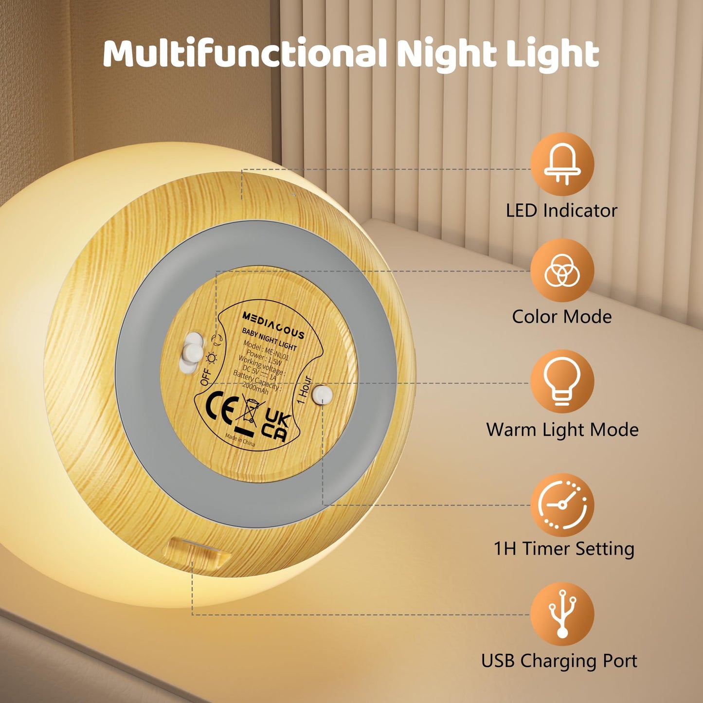 Night Lights for Kids, MediAcous Baby Night Light with 7 Colors Changing & Dimming Function, Rechargeable Kids Night Light with 1 Hour Timer & Touch Control, Up to 100H, Wood Grain