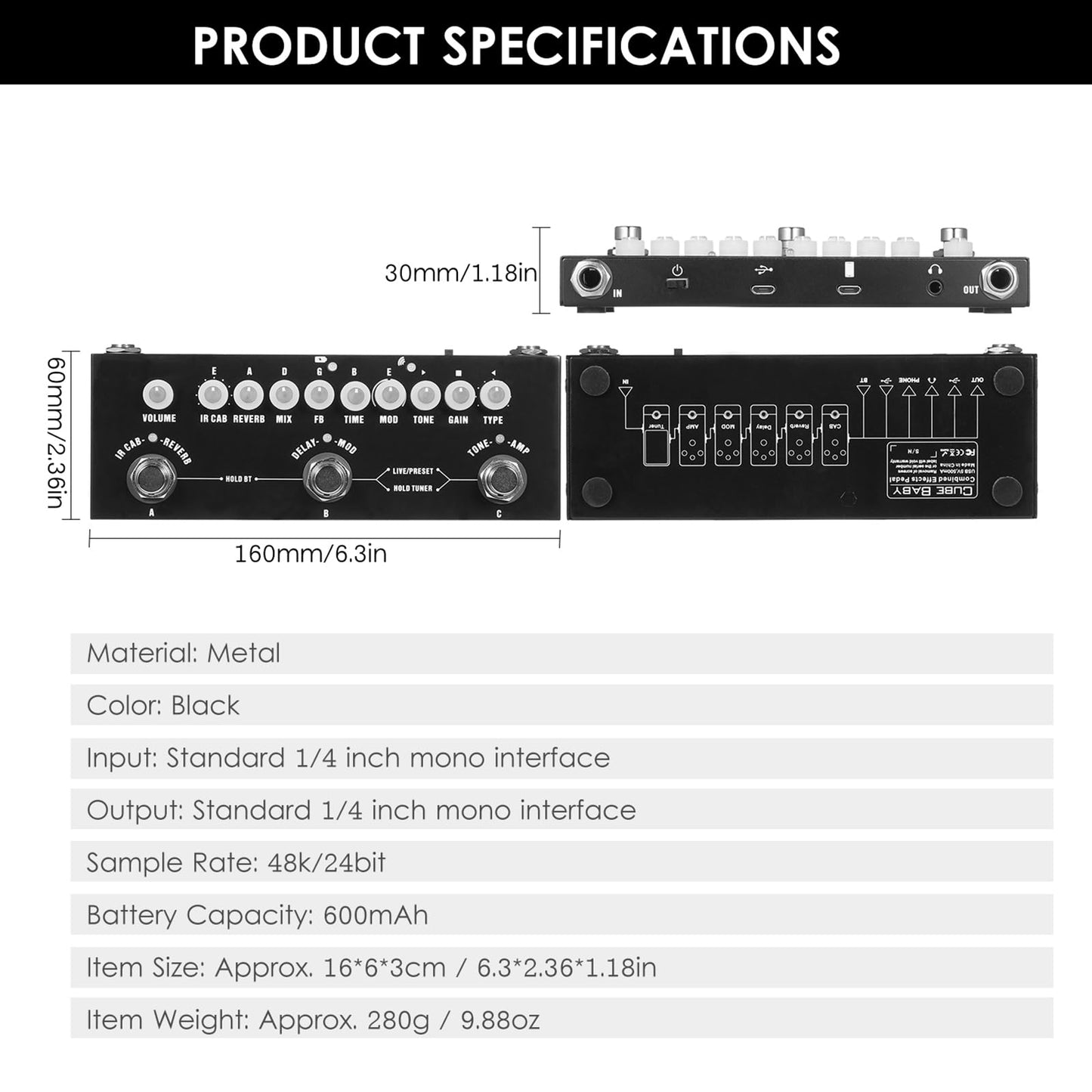 IOppWin CUBE-BABY Guitar Multi-Effects Pedal with 8 IR Cabinet Simulations, Rechargeable Battery, and Precision Tuner