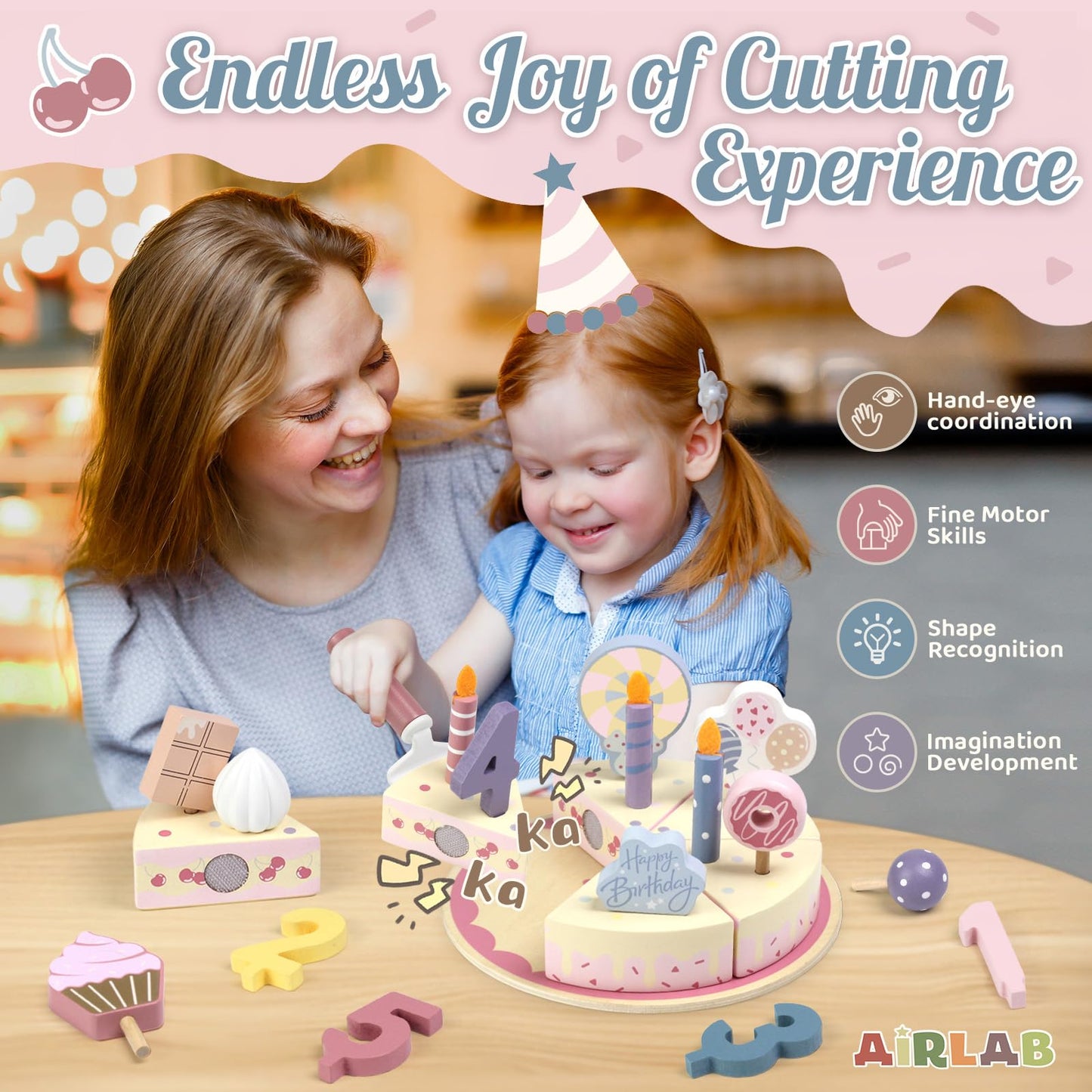 Airlab Wooden Birthday Party Cake Play Food Sets for Toddler 2 3 4 5 Year Old Girls Boys Kids Kitchen Accessories Pretend Play Toy Gift Educational Toys