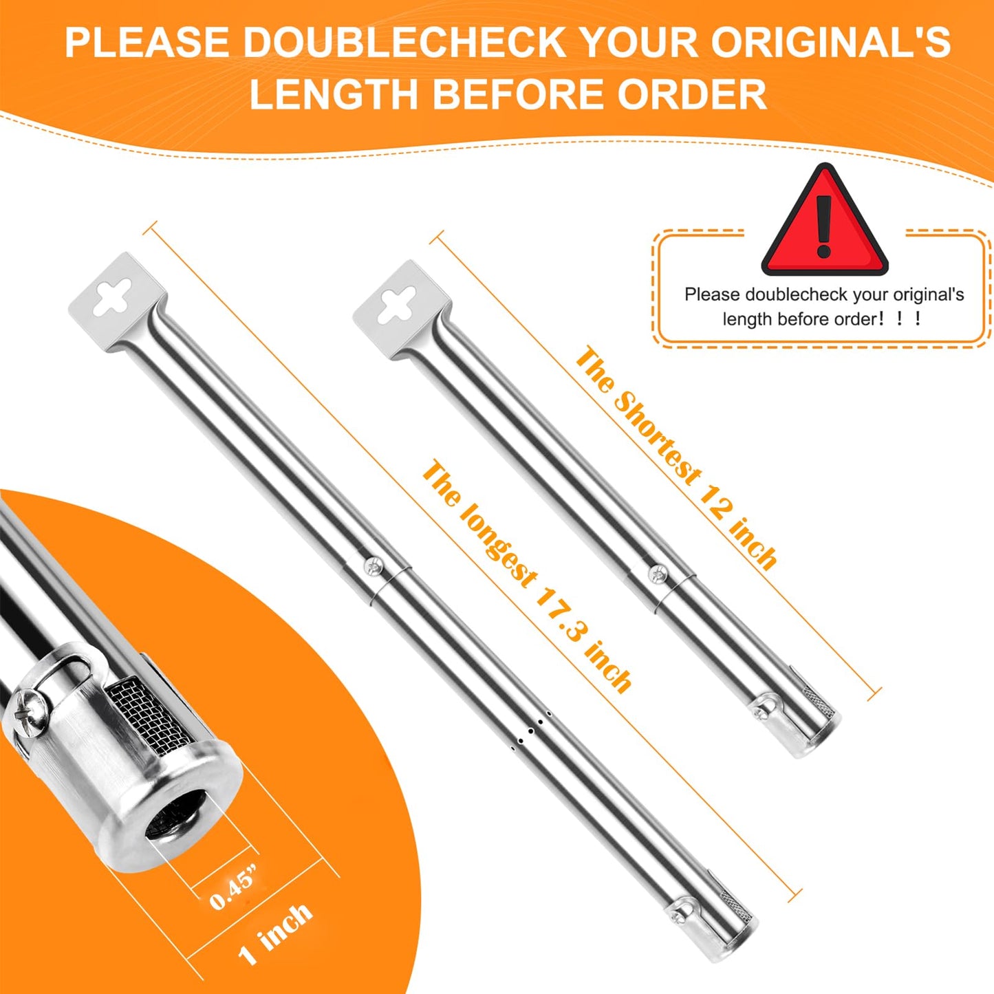 GFTIME BBQ Universal Grill Burner Tube Adjustable 12-17.3" for Master Forge, Perfect Flame, Uniflame, Fire Mountain, Lowes, Blooma Ultar, Broil King Stainless Steel Burners Replacement Parts, 4 Pack