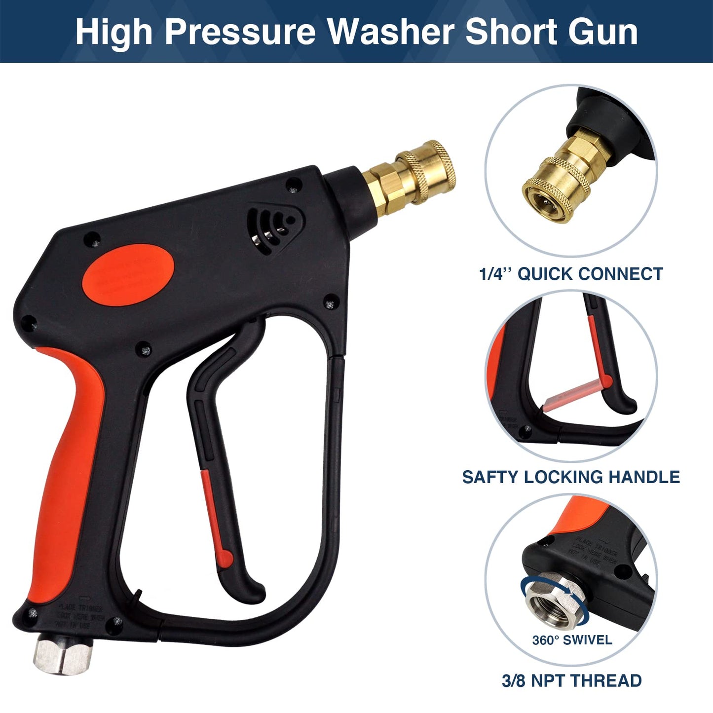 DERASL Pressure Washer Gun with Swivel 5000PSI, High Pressure Spray Gun with 1/4" Quick Connector, 3/8'' Quick Coupling, 12GPM, M22-14mm and M22-15mm Couplings for Cleaning a Wide Range of Scenarios