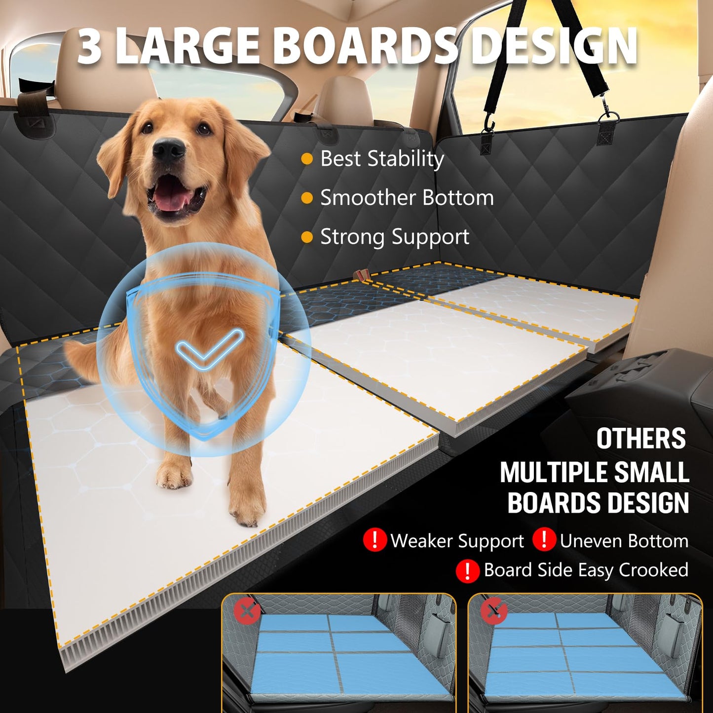 ROUWINNE Back Seat Extender for Dogs-Large Space, Dog Car Seat Cover Hard Bottom Holds 400lbs, Sturdy Backseat Extender for Dogs, Waterproof Dog Hammock for Car Dog Car Bed for Car, SUV, Truck Black