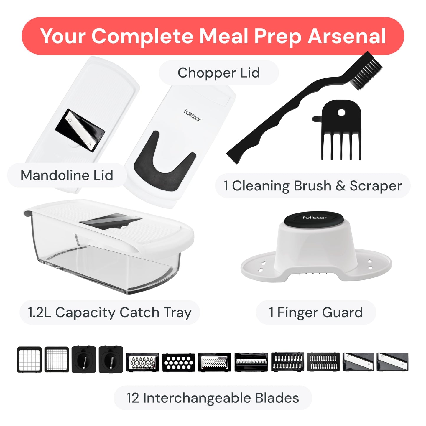 Fullstar Vegetable Chopper & Mandoline Slicer - Julienne Cutter Dicer Grater for Food Veggie Onion Cucumber Tomato Salad Potato Cheese - Kitchen Essentials & Gadgets (PRO 12-in-1, White)