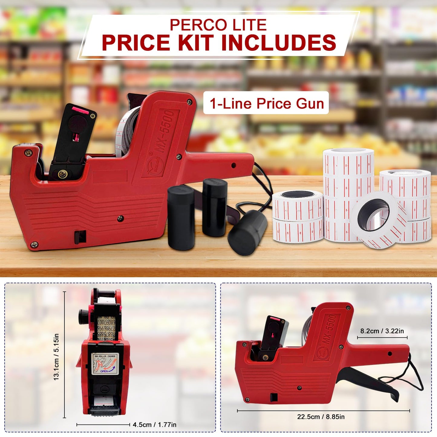 MX5500 Price Labeller - Price Label Gun with 8 Digits, Includes 10 Rolls of Paper and 3 Ink Wheels - Aluminum Alloy with Sticker Labels & Ink Refill for Office, Retail Shop, Grocery Store (Red)