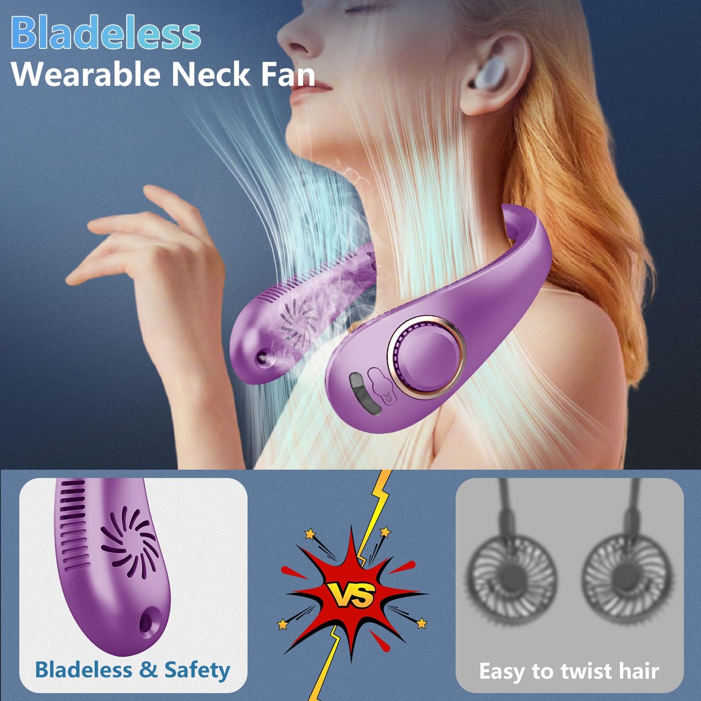 Personal Fan with Water Mist,Bladeless Neck Fans for Women Rechargeable,Electric Cooling Neck Fan for Men,Folding Battery Operated Misting Fan Air Circulator Necklace Fan for Travel,Home,Office Purple