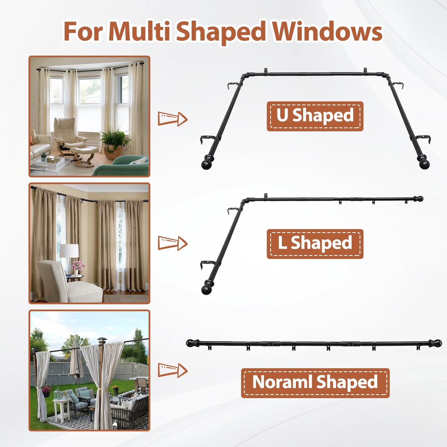 Bay Window U Shaped Curved Curtain Rods, 59-184 Inches, 1 Inch Diameter Heavy Duty Black, Adjustable for Bedroom, Living Room, Corner Windows
