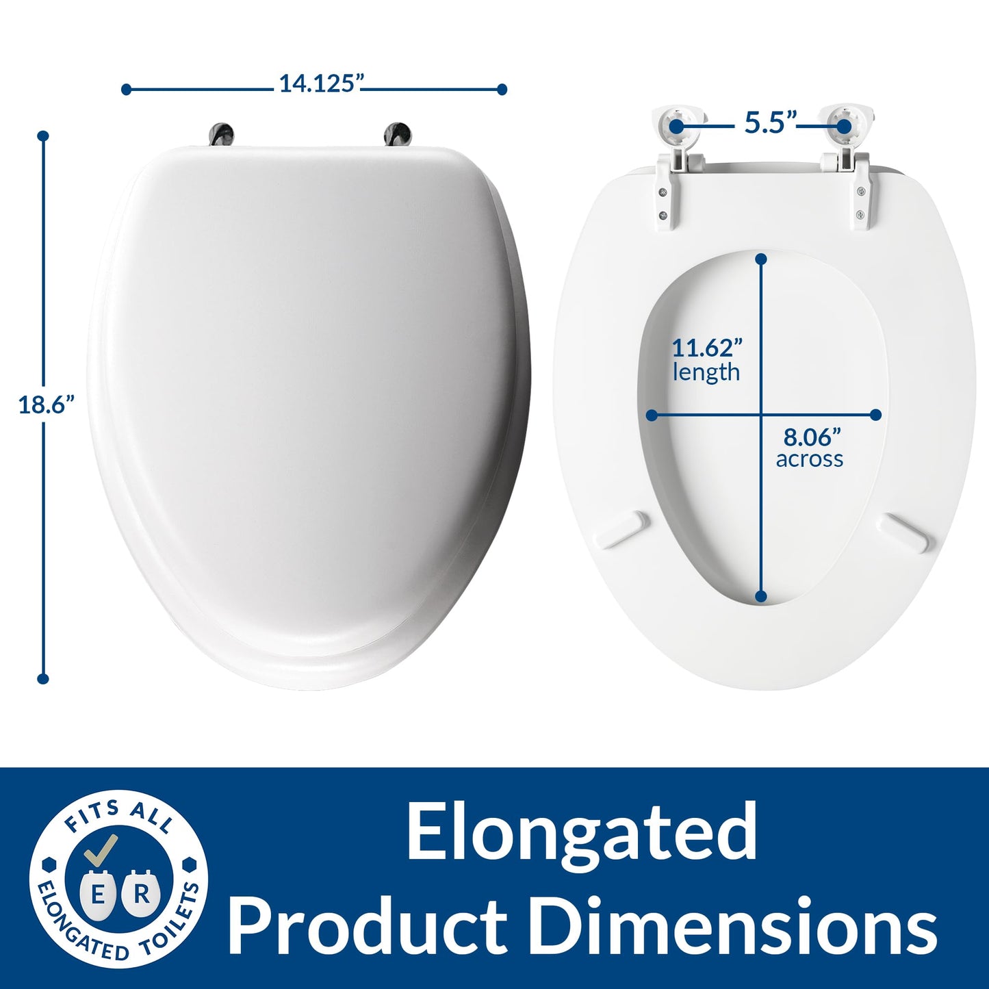 Mayfair Padded Toilet Seat with Chrome Hinges, Soft Vinyl Over Wood Core Seat, Made in USA, Elongated, White