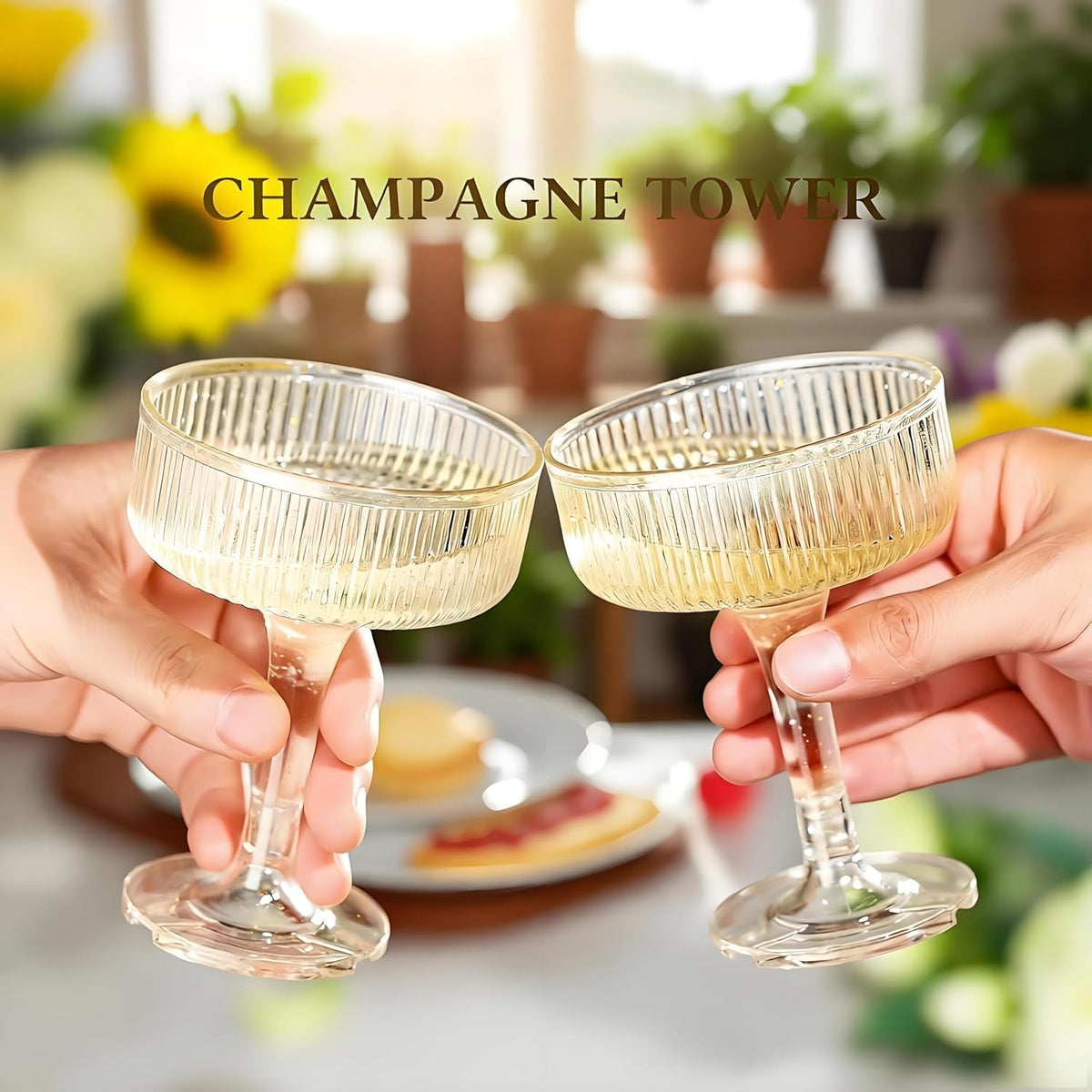 SOBECHOI 4-Tier Champagne Tower with 20 PCS 7oz Gold Glitter Plastic Flutes, Butterfly Shape Vertical Stripes Design - Shatterproof Reusable Toast Glasses for Weddings, Celebrations
