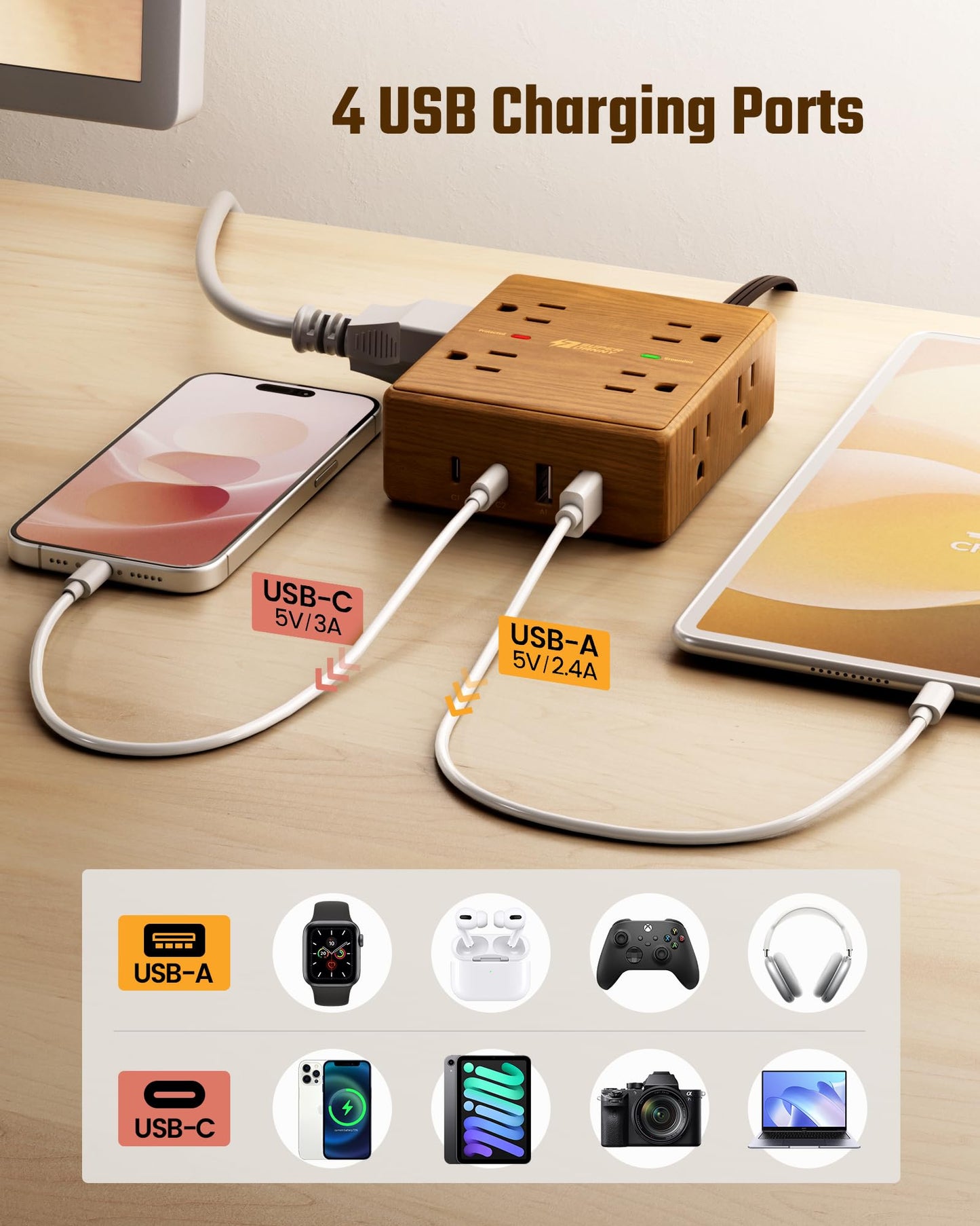 Brown Extension Cord 10Ft, Flat Plug Power Bar Surge Protector, 8 Outlets & 4 USB Ports (2 USB C), Desktop Charging Station Hidden Behind Furniture, Decorative Office Desk Accessories (Wood Grain)