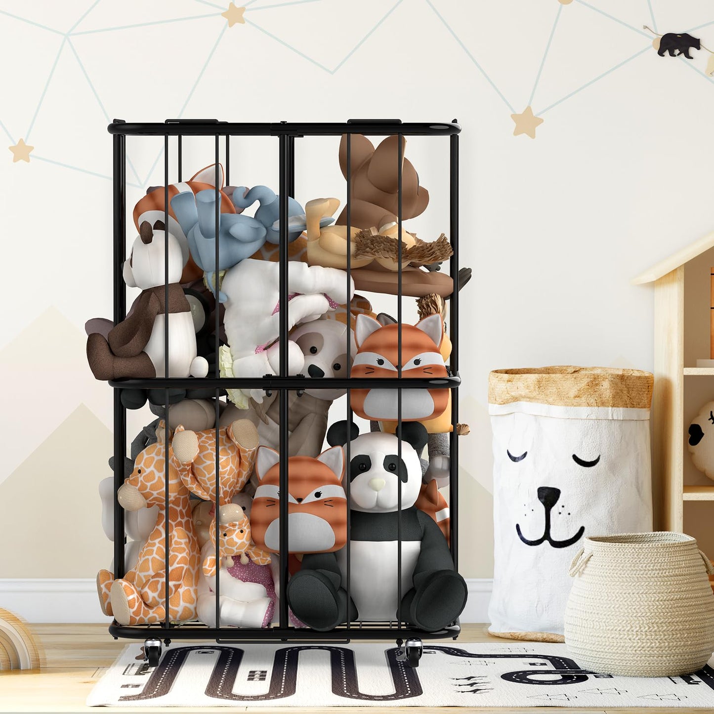 Stuffed Animal Storage - Toy Storage Organizer with Wheels,Stuffed Animal Zoo Storage Cage for Nursery Playroom Bedroom Toy Organizer,Black