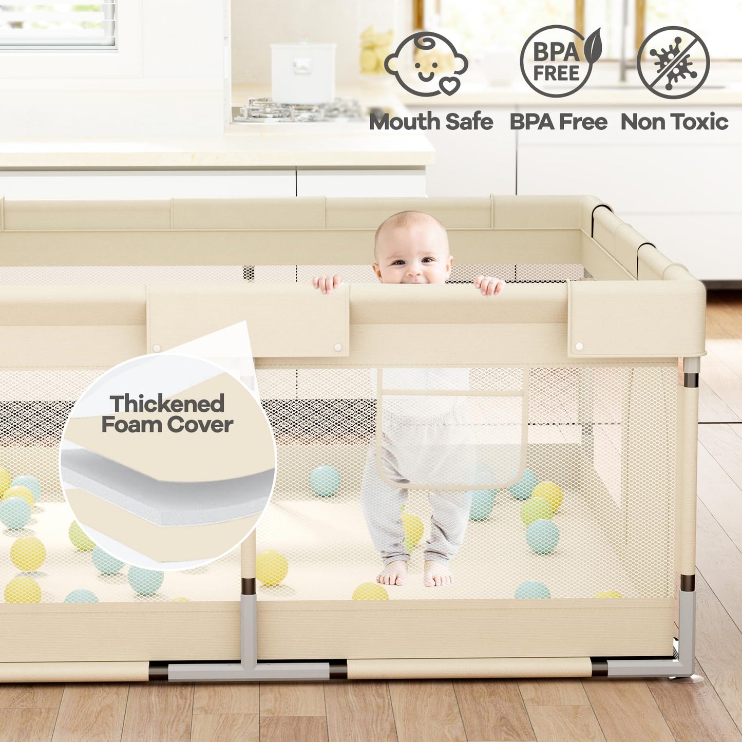 Mloong Baby Playpen for Toddler Beige - 47x47 Play pen for Babies and Toddlers,Beige Baby Play Yard,Fence Play Area Activity Center,Corral Para Bebé