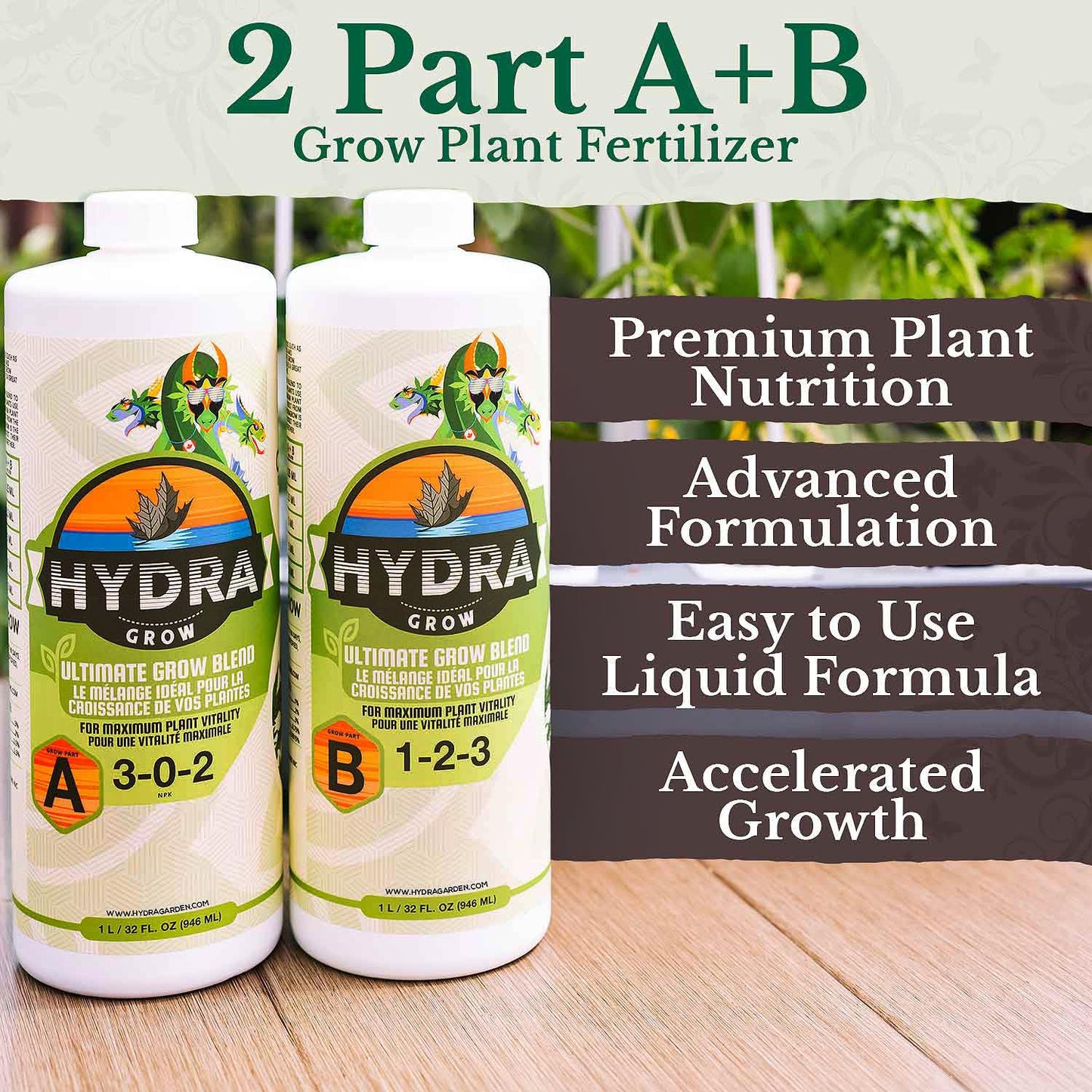 HydraGrow A & B Hydroponic Nutrients - Grow Big Vegetables & Boost Vegetative Growth in All Plants, 2 Part Grow Base Liquid Plant Food for Indoor & Outdoor Gardens 1L / 32oz Set NPK 3-0-2 & 1-2-3