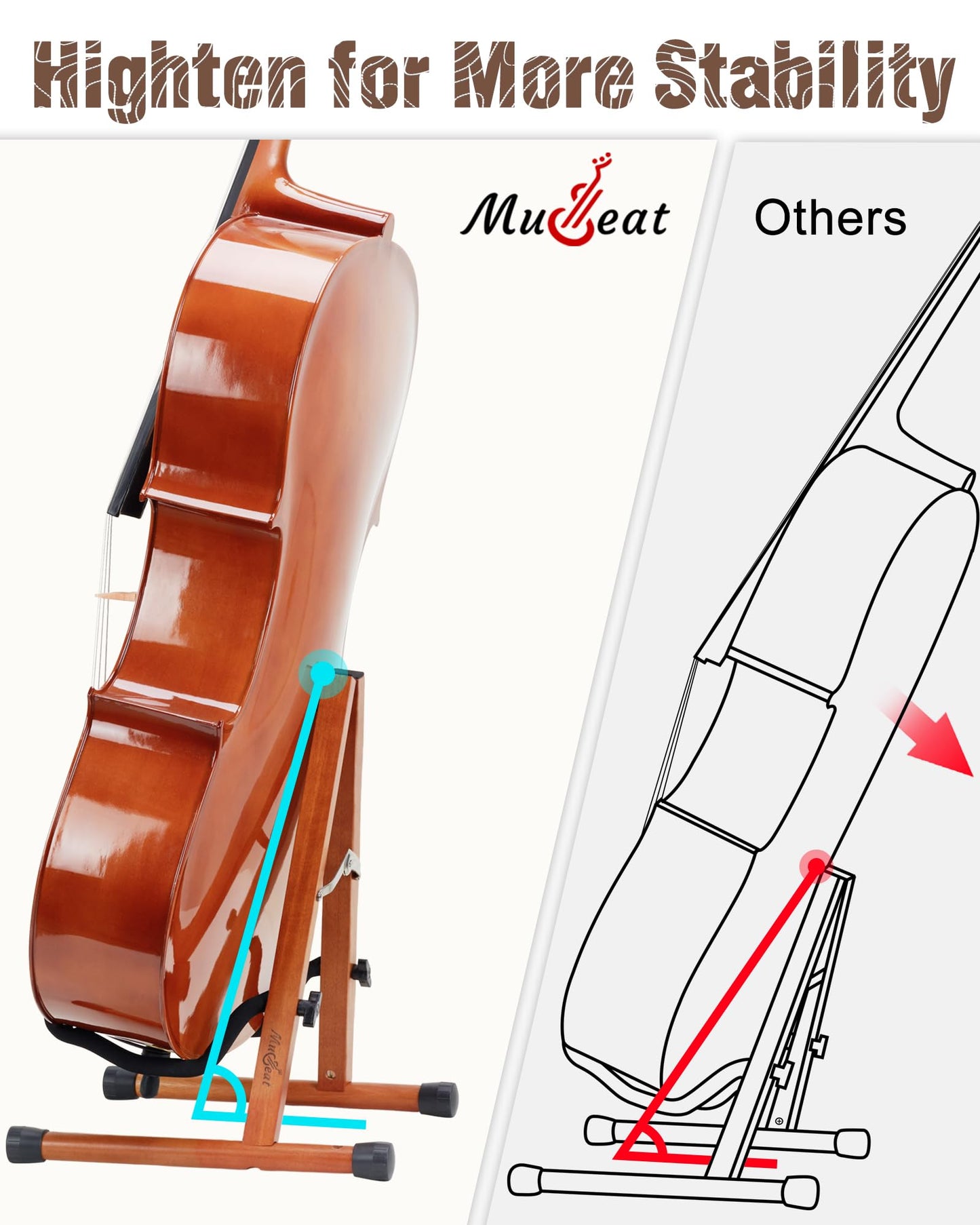 Musbeat Cello Stand with Bow Holder, Mahogany Wooden A-Shape Floor Stand with Padded Foam, Handcrafted Cello Rack Fits 1/2, 3/4, 7/8, 4/4 Full-Size and Guitar, Instrument Holder for Home and Studio