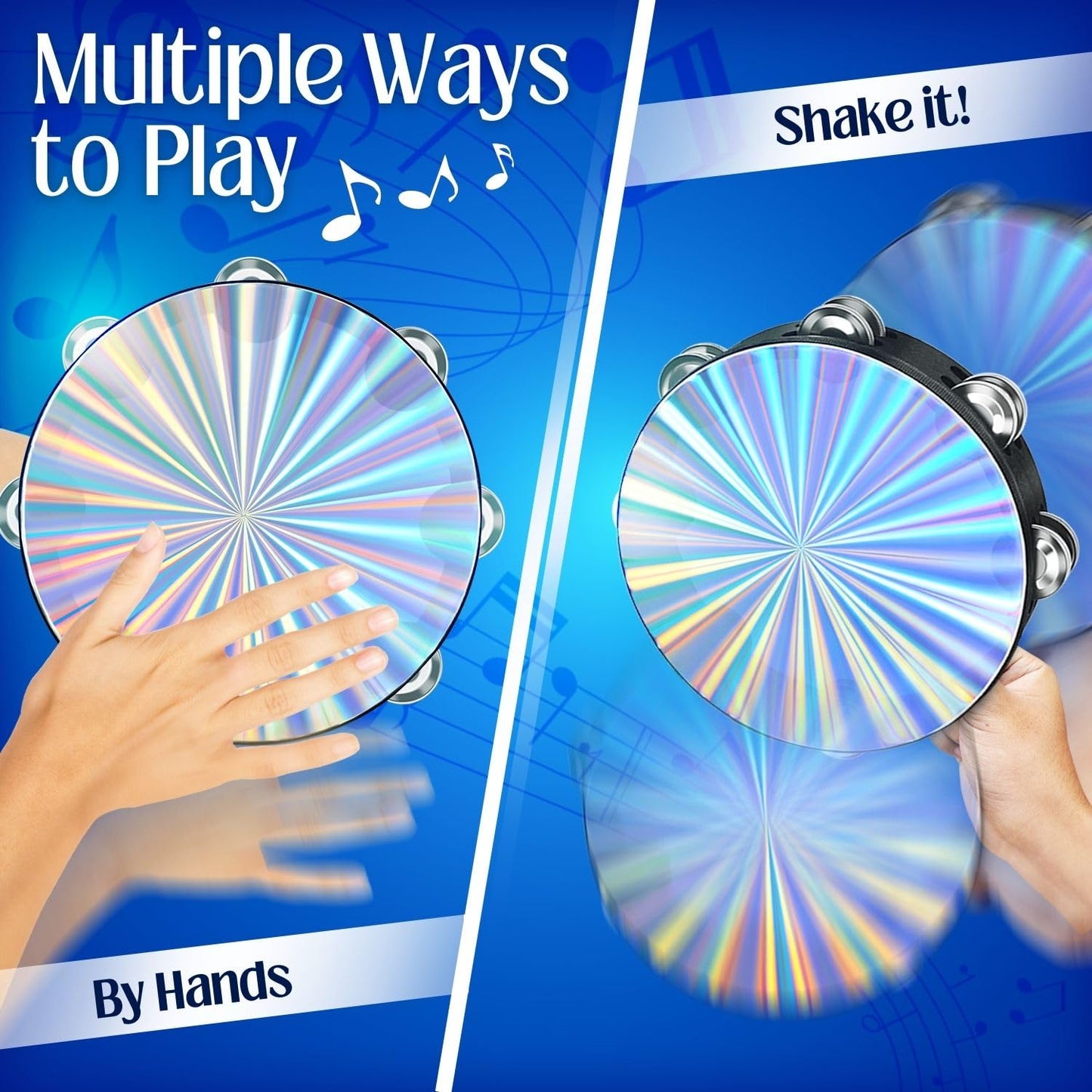 Flexzion Wood Church Tambourine - 6, 8, and 10 Inch Reflective Hand Drums for Adults, Single Row Metal Instrument for Church, Parties, & Musical Events, 3-Pack