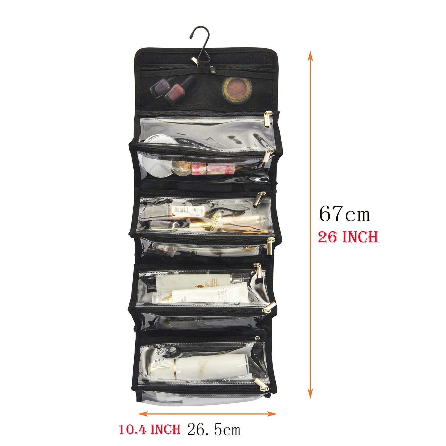 Jula Vance Large Capacity Hanging Eco Polyester Travel Toiletry Bag Makeup Cosmetic Bag 4-in-1 Roll-Up Make Up Storage Organizer With 4 detachable Removable Zipper Clear TPU Pouches & Hook, Grey,