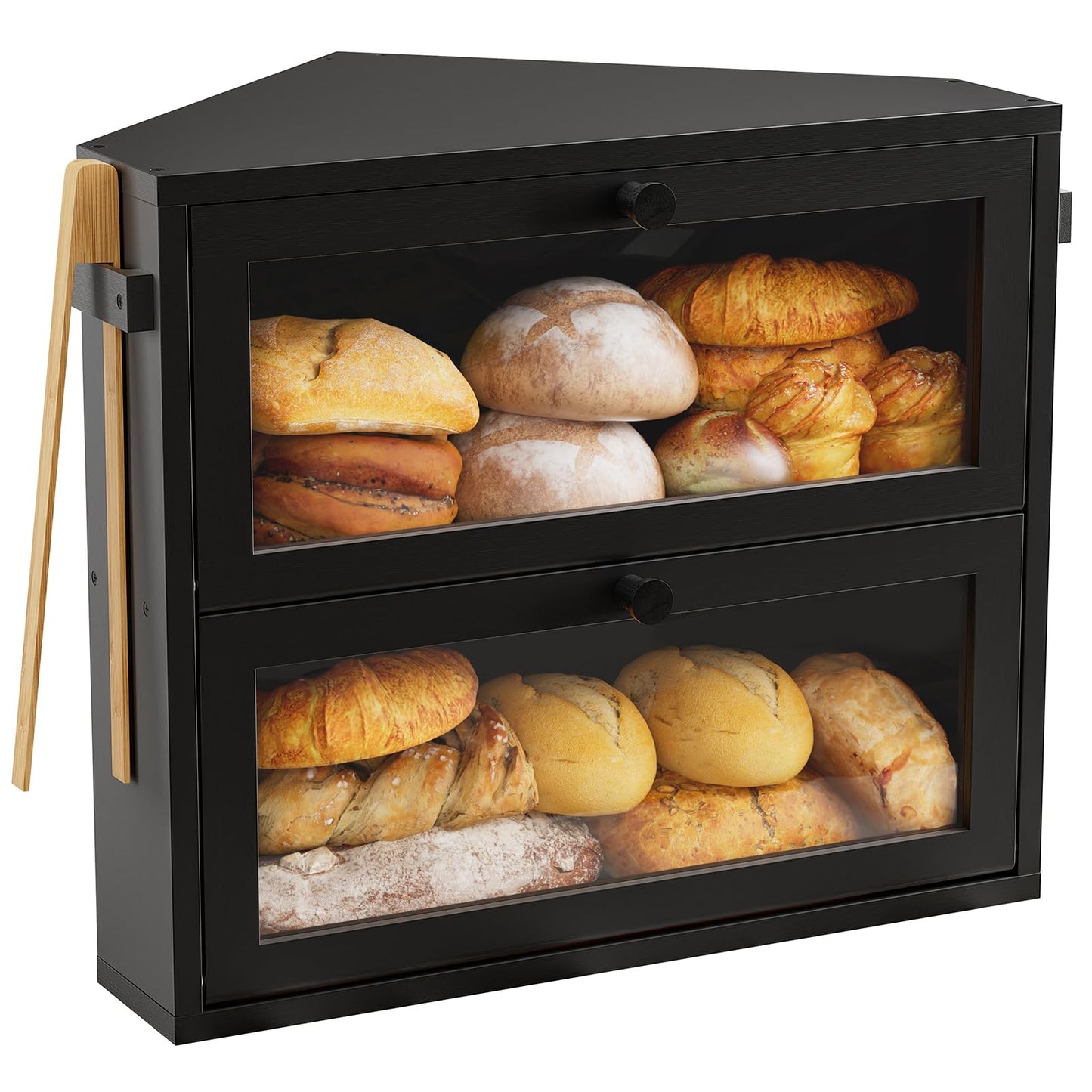 WOWLIVE Corner Bread Box for Kitchen Countertop, Large Double Layer Bread Storage Container for Homemade Bread, Black Bread Holder for Kitchen Counter, Under Cabinet Organizer (Black, Medium)