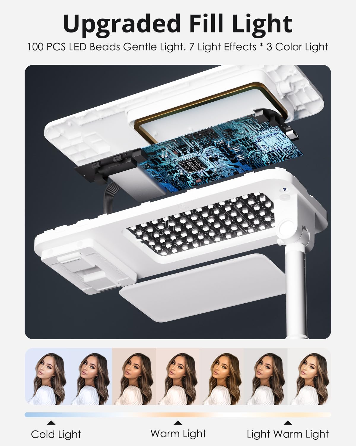 SupeDesk Phone Stand for Recording, Overhead Phone Stand with LED Light, 360° Rotation - Adjustable Portable Tripod for iPhone, Remote - Compatible with 3.5-6.7" iPhones, White