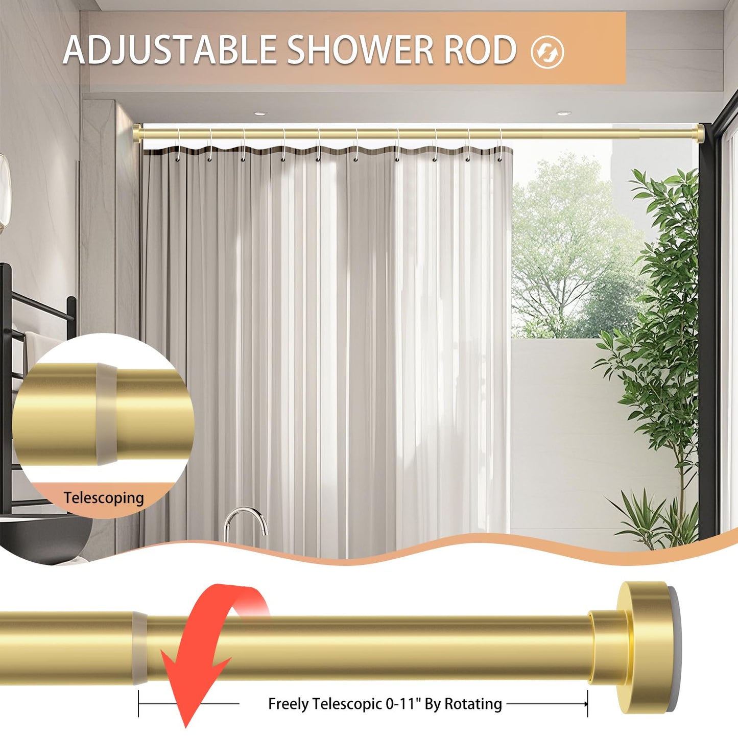 Emlaoe Gold Shower Curtain Rod 34-66 Inches(2.8-5.5ft) Never Rust Adjustable Shower Rod Spring Tension Non Slip No Drilling Shower Rods for Bathroom Garland Window