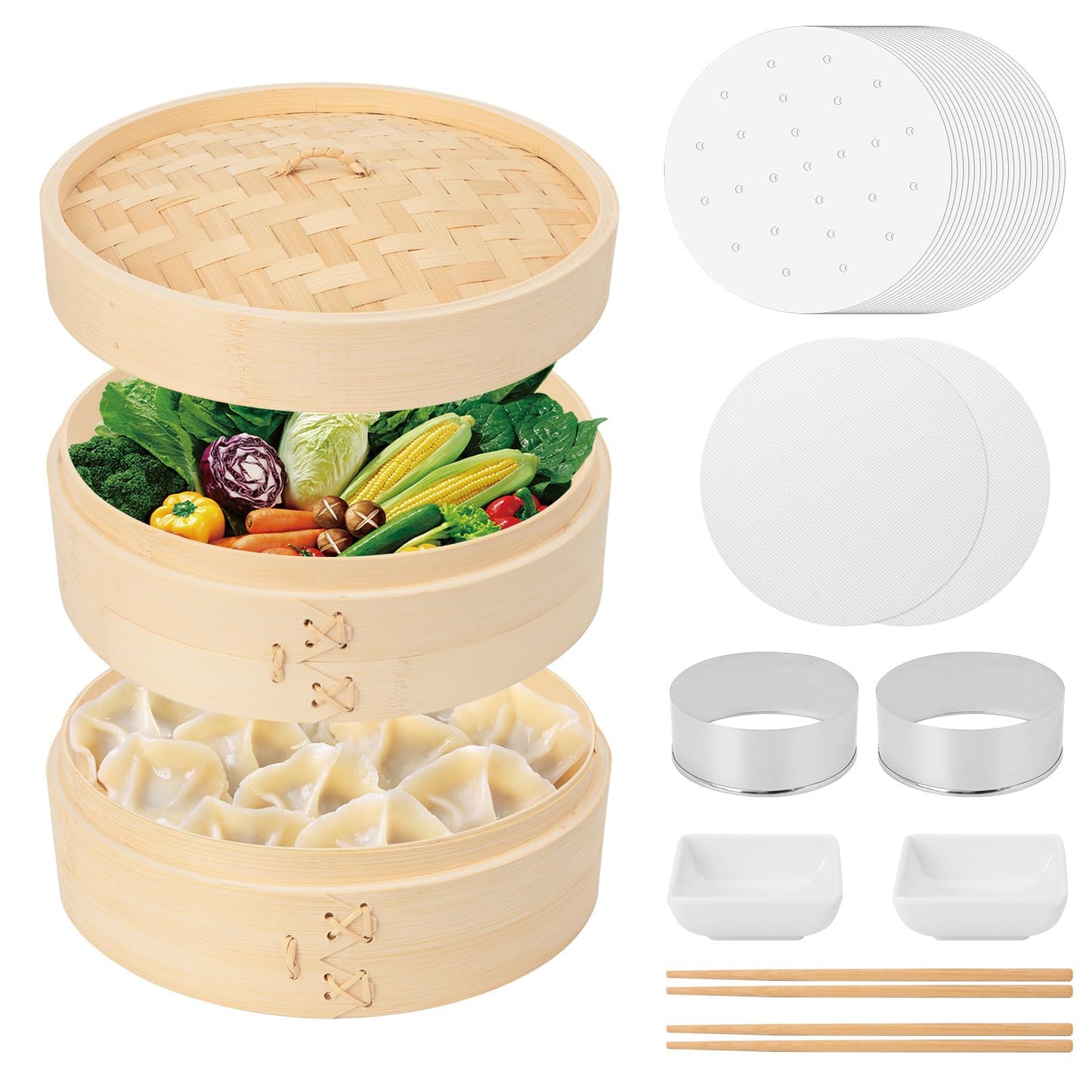 62 PCS 10 Inch 2 Tier Bamboo Steamer, Bamboo Steamer Basket, Dim Sum Basket, with 1Ring Adapter, 2Reusable Silicone Liner, 2 pairs of chopsticks, 2Sauce Dishes, 50Paper Liners, 1Ring