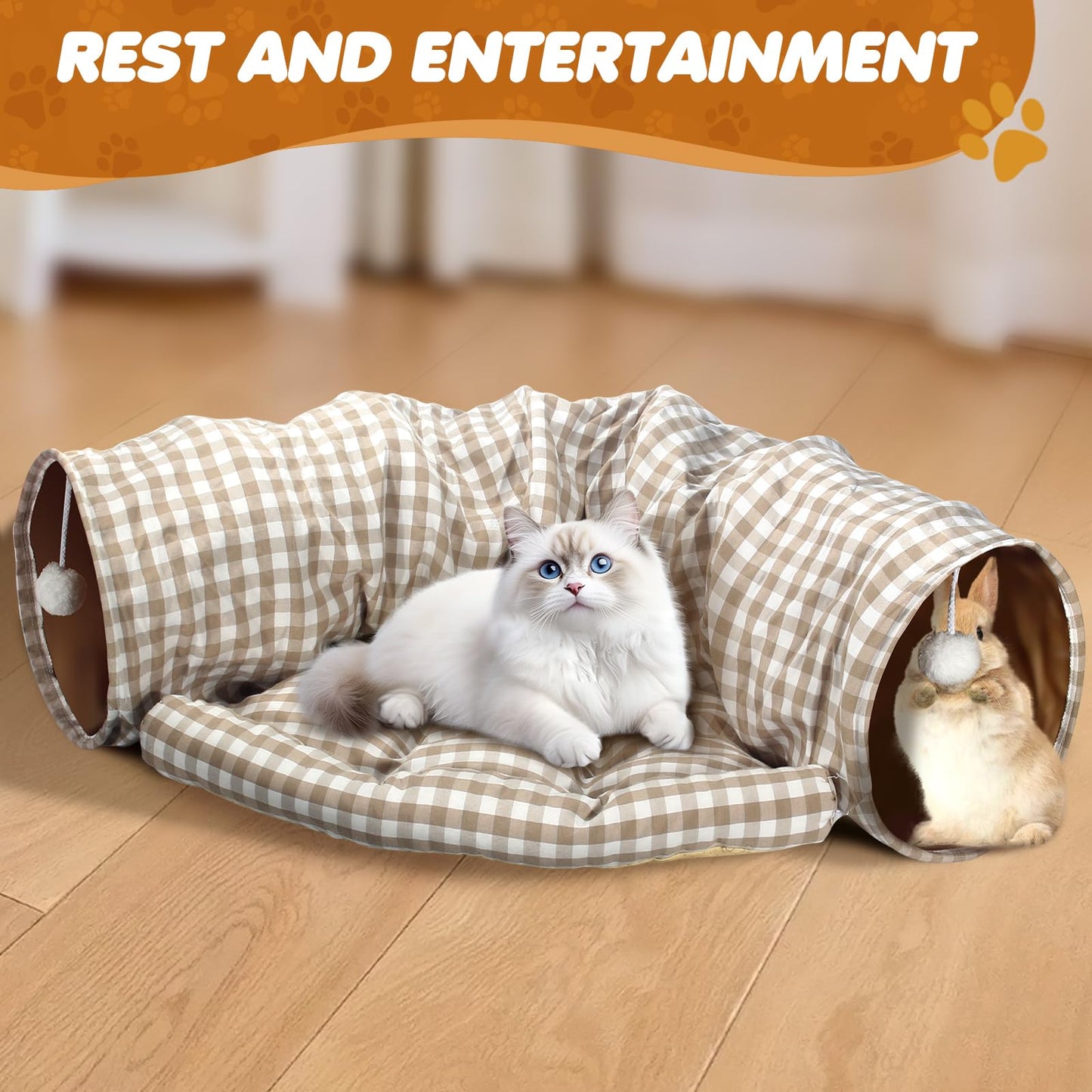 Bunny Tunnel Bed, 2-in-1 Collapsible Tunnel Tubes Toys with Removable Mat Hideout for Cats Kittens Rabbits Guinea Pigs Kitty