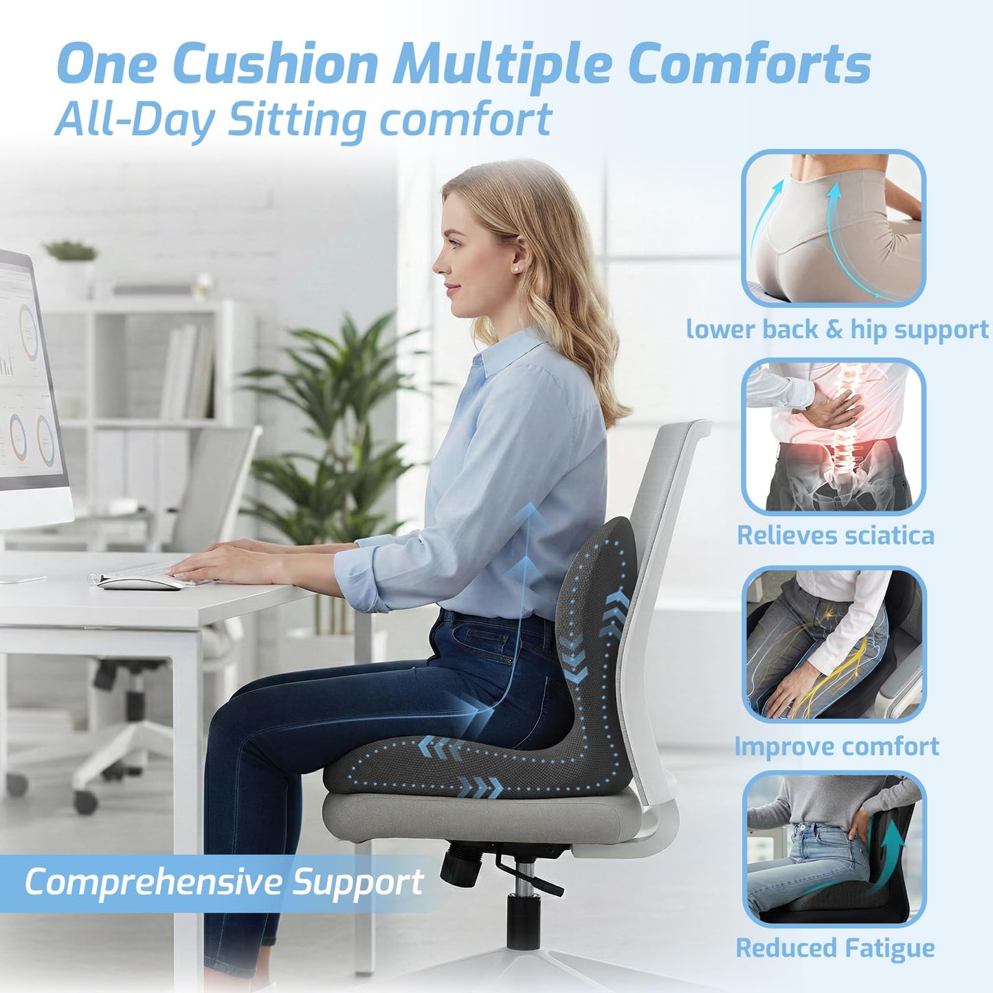 Ergonomic Seat Cushion,Memory Foam Office Chair Cushion with Lumbar Back Support, Design for Sciatica,Tailbone,Back Pain Relief for Office Chair, Car, Truck Driver,Comfort