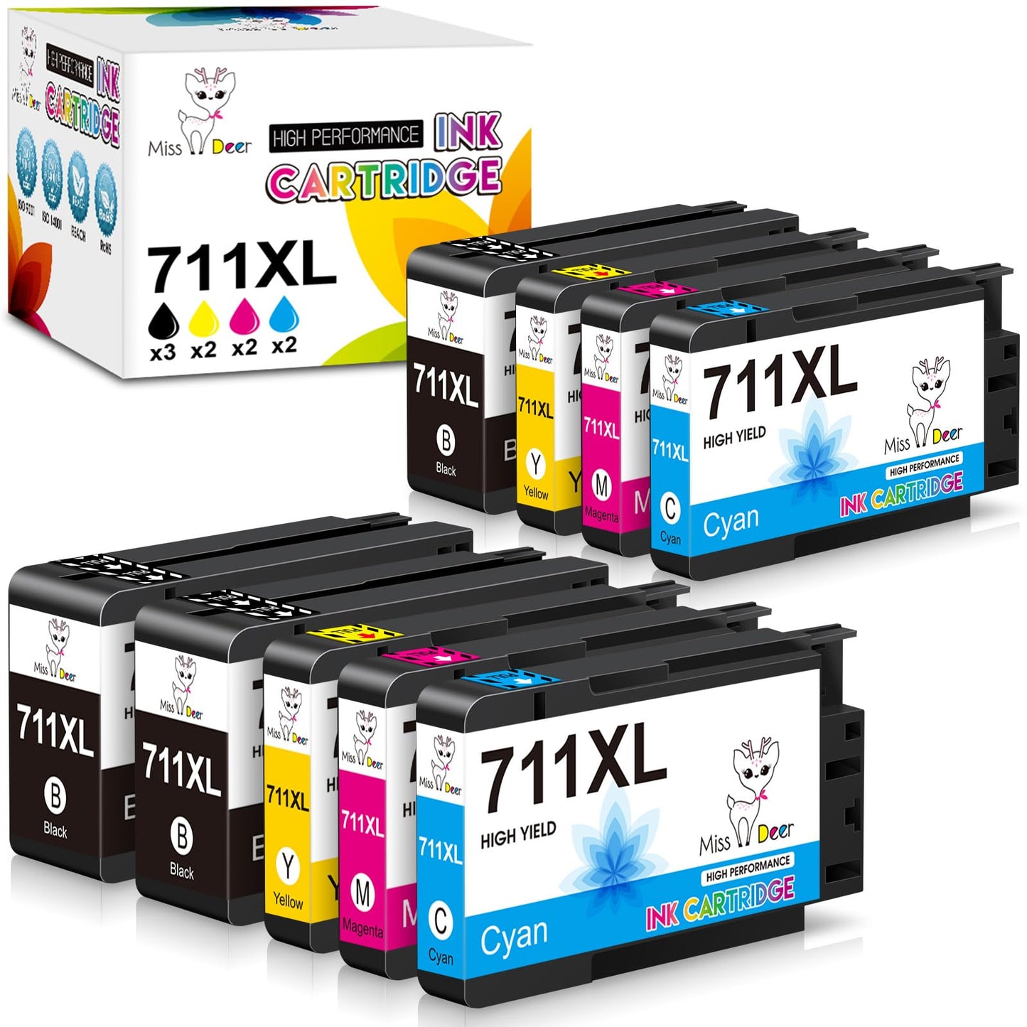 Miss Deer 711XL Ink Cartridges High Yield Combo Pack Replacement for hp 711 Ink Cartridges,Work for HP DesignJet T100 T120 T125 T130 T520 T525 T530 Printer(80-ml BK / 29-ml C/M/Y) 9 Pack