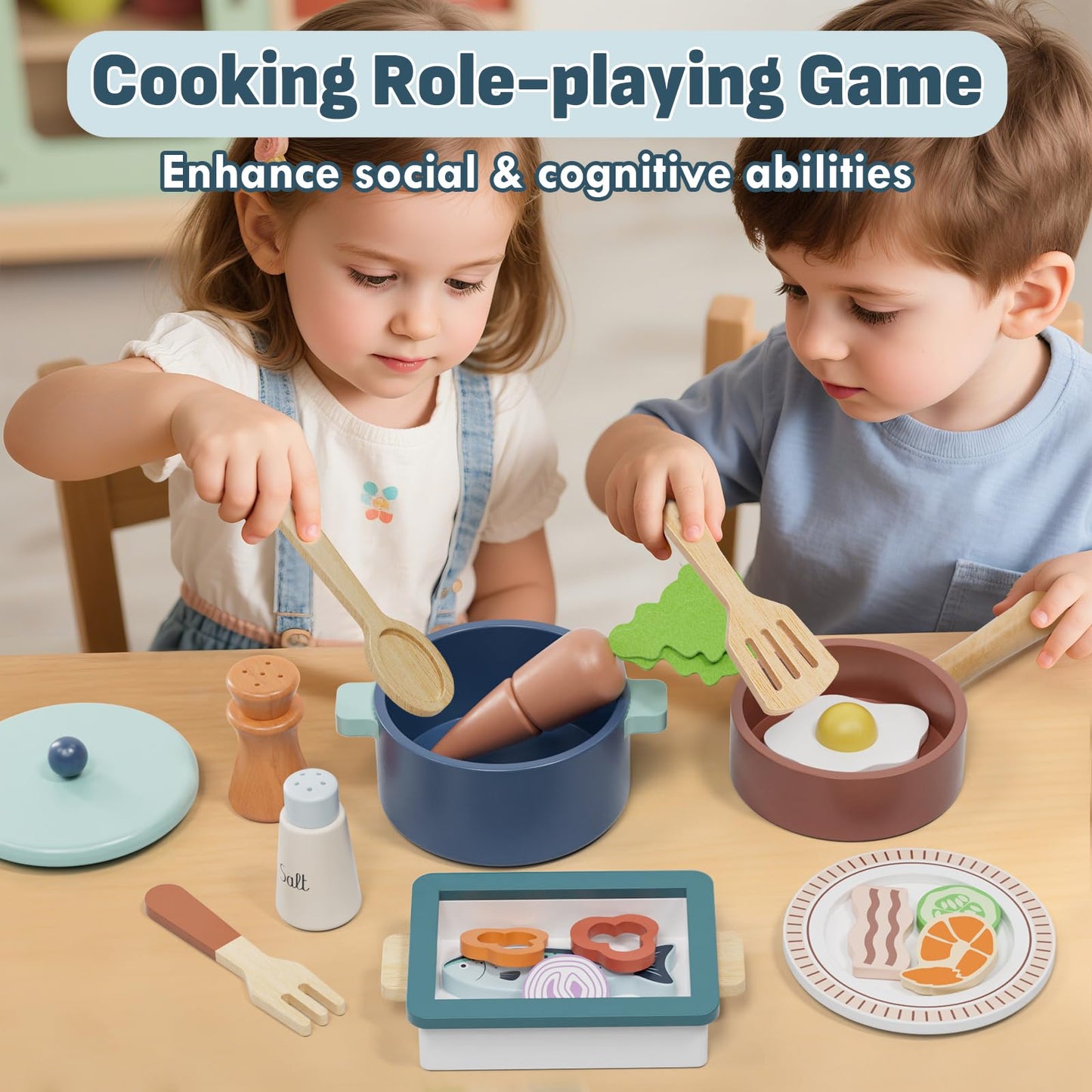 Lehoo Castle Wooden Play Kitchen Accessories, Play Pots and Pans Sets for Kids, Play Food Sets for Kids Kitchen, CookingToys Play Dishes for Toddlers 3-5 Girls