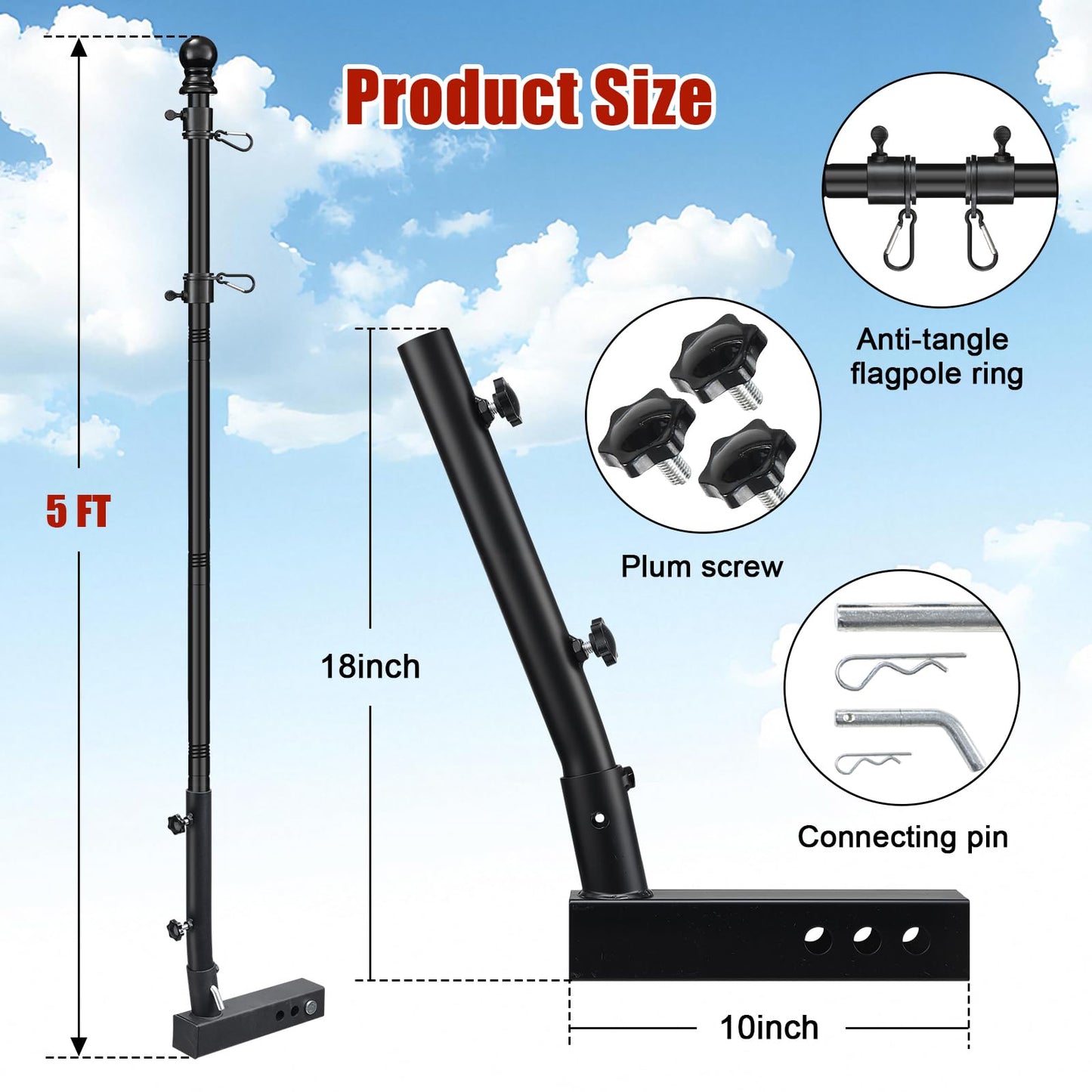 Truck Flag Pole with Hitch Holder – 5FT Heavy Duty Flagpole Mount Kit for Tow Hitch, Dual Angle Mount, Long Protect Sleeve Windproof Design for Trucks, Jeep & Trailer,Black