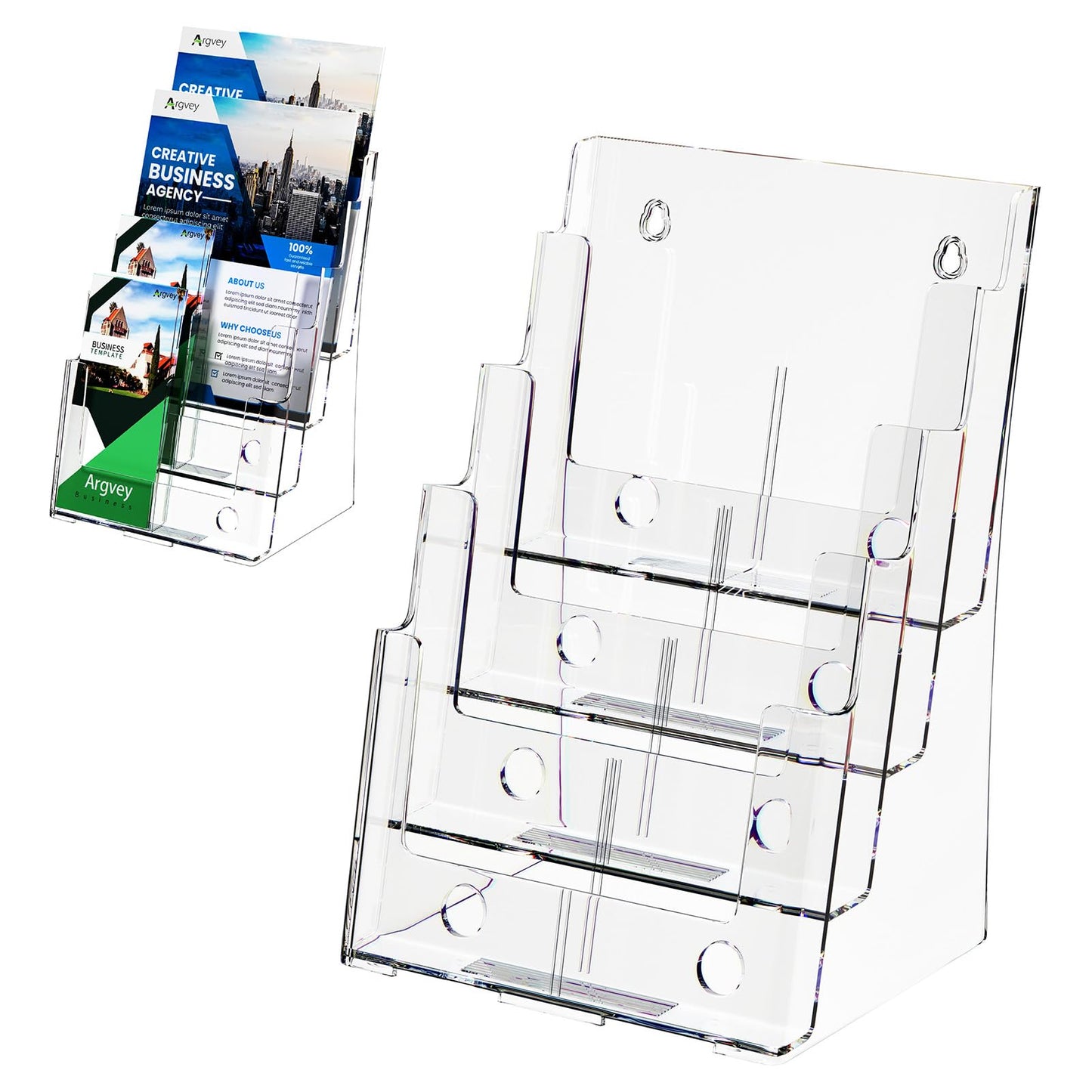 Acrylic Brochure Holder 8.5 x 11 inches, 4 Tier Clear Brochure Display Stand with Removable Divider for Trifold 4 Inches Wide Pamphlet, Plastic Flyer Holder for Magazine, Literature, Booklet