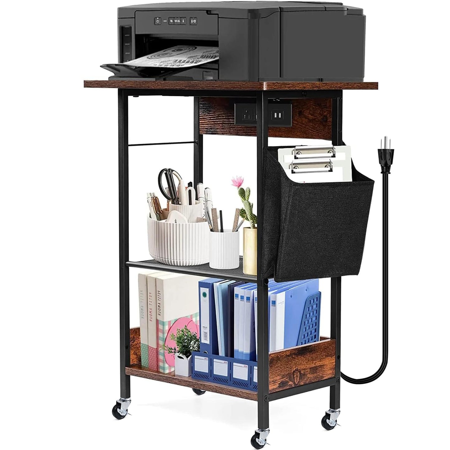 3-Tier Printer Stand with Storage - Movable Printer Table with Wheels - Printer Cart with Charging Station Adjustbale End Table for Home Office, Kitchen, Rustic Brown
