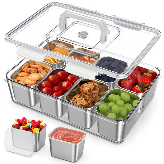 1pcs Snackle Box Container, Stainless Steel Divided Serving Tray with Lid and Handle, 8 Compartment Portable Snack Platters - Leak-Proof for Fruit Candy Nuts Veggie - Perfect for Travel Party