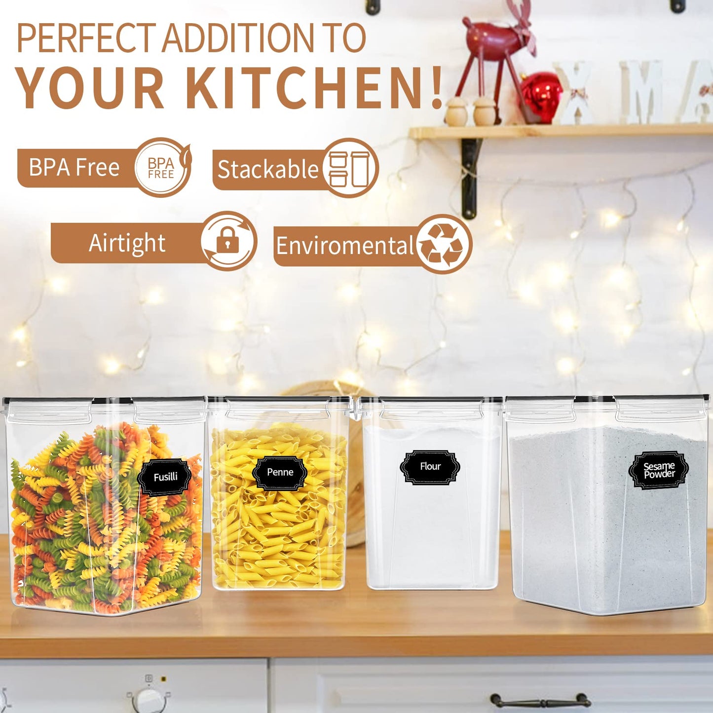 Large Tall Airtight Food Storage Containers with Lids, 4 PCS 5.2L, Kitchen Pantry organizers and storage, PRAKI Kitchen Storage Containers Set for Cereal, Flour & Baking Supplies with Labels & Marker
