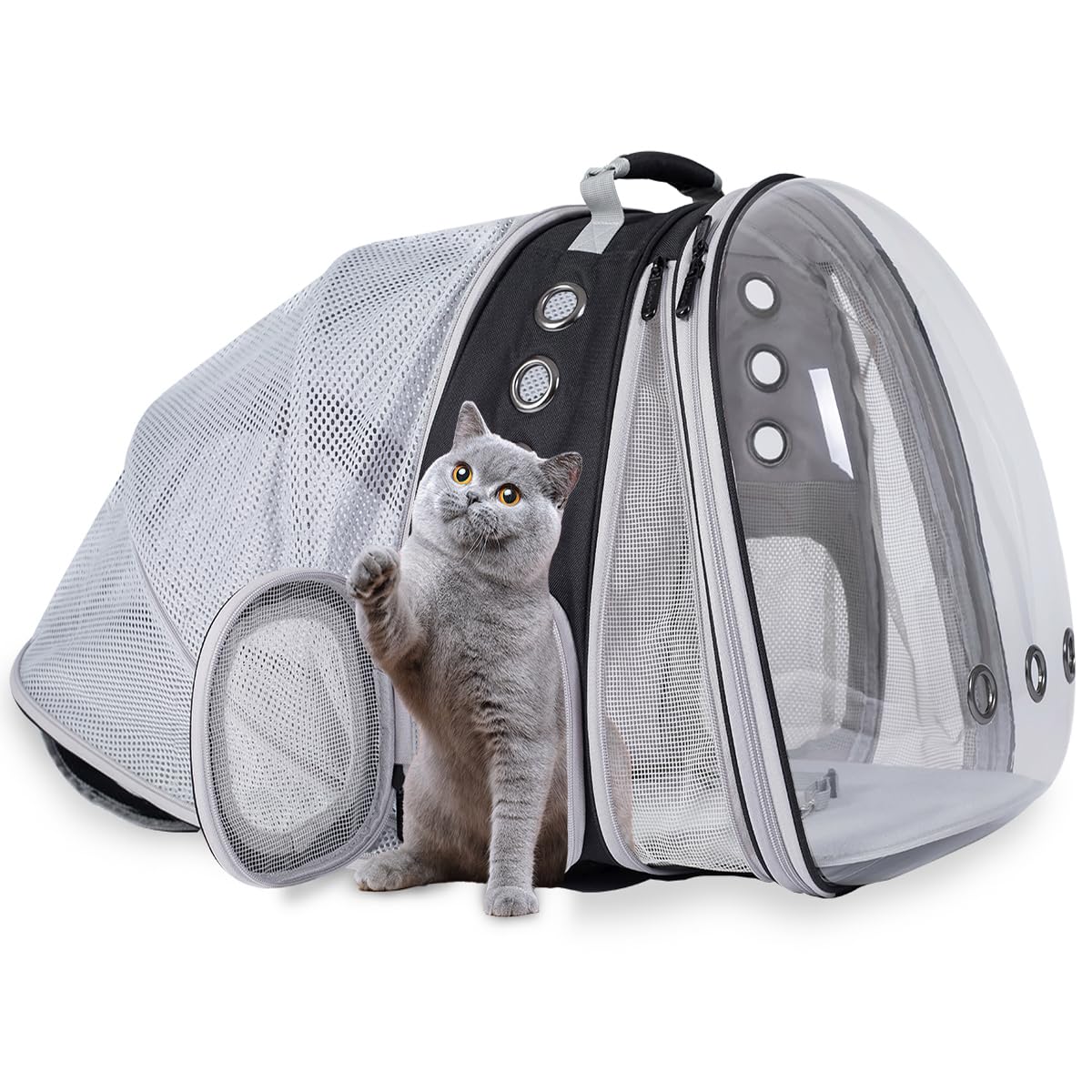 LAIRIES Dual Expandable Cat Backpack Carrier Front & Back Extension Pet Backpack Carrier, Fit up to 20 lbs, Bubble Capsule Dog Backpack Travel, Hiking & Outdoor Backpack (CL-BLK, Dual Extension)