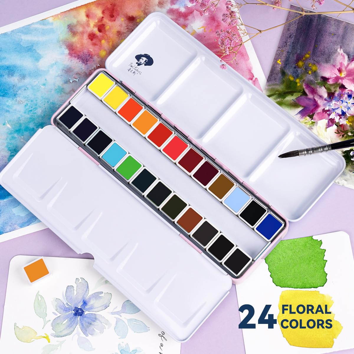 Paul Rubens Watercolour Paint Set, 24 Vibrant Floral Colors Artist Grade Watercolor Paint with Metal Box Case, Art Supplies for Beginners Students Artists