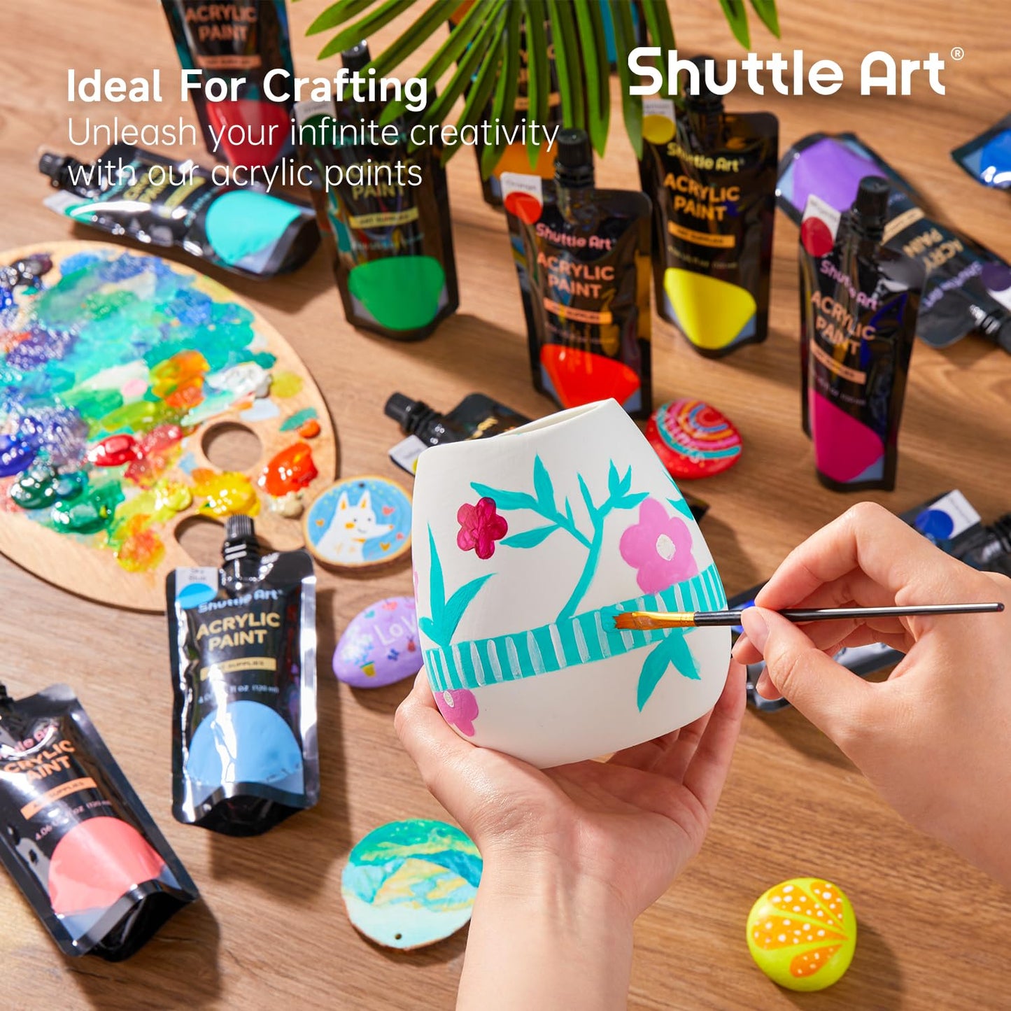 Shuttle Art Acrylic Paint, 18 Colors Acrylic Paint Pouches (120ml/4.06oz), Artist Grade Acrylic Paint Set, Rich Pigments, Non-Toxic for Artists, Beginners and Kids on Rocks Crafts Canvas Wood Ceramic