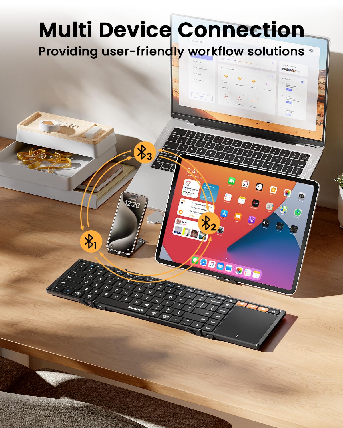 ProtoArc Foldable Bluetooth Keyboard with Touchpad, XK01 TP Portable Folding Keyboard for Travel, Full Size Keys, Large Trackpad Bluetooth Keyboard for iPad Laptop PC Tablets - Black