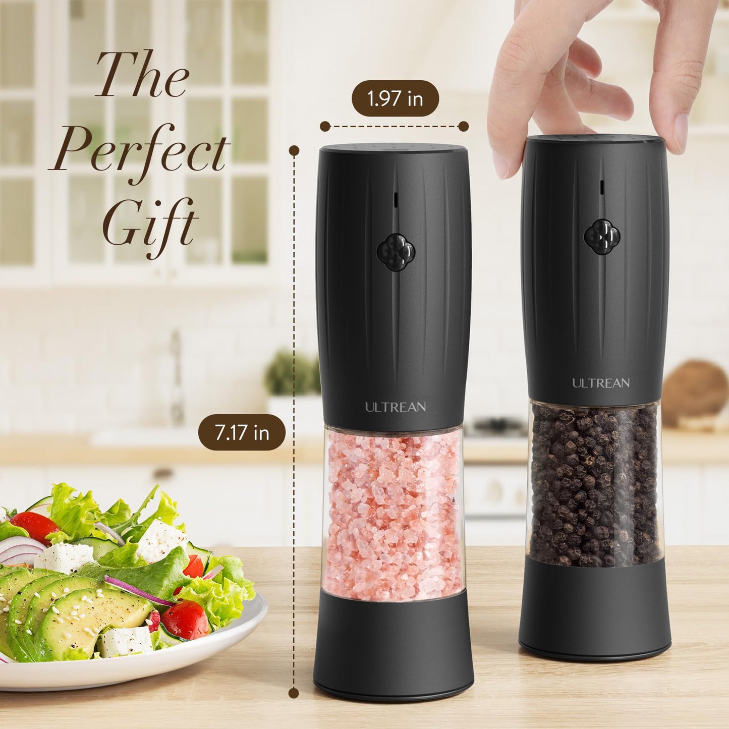 Ultrean Pepper Grinder 2pcs, Rechargeable Salt and Pepper Grinder with 6 Adjustable Coarseness, One-Hand Automatic Operation, LED Light(Black)