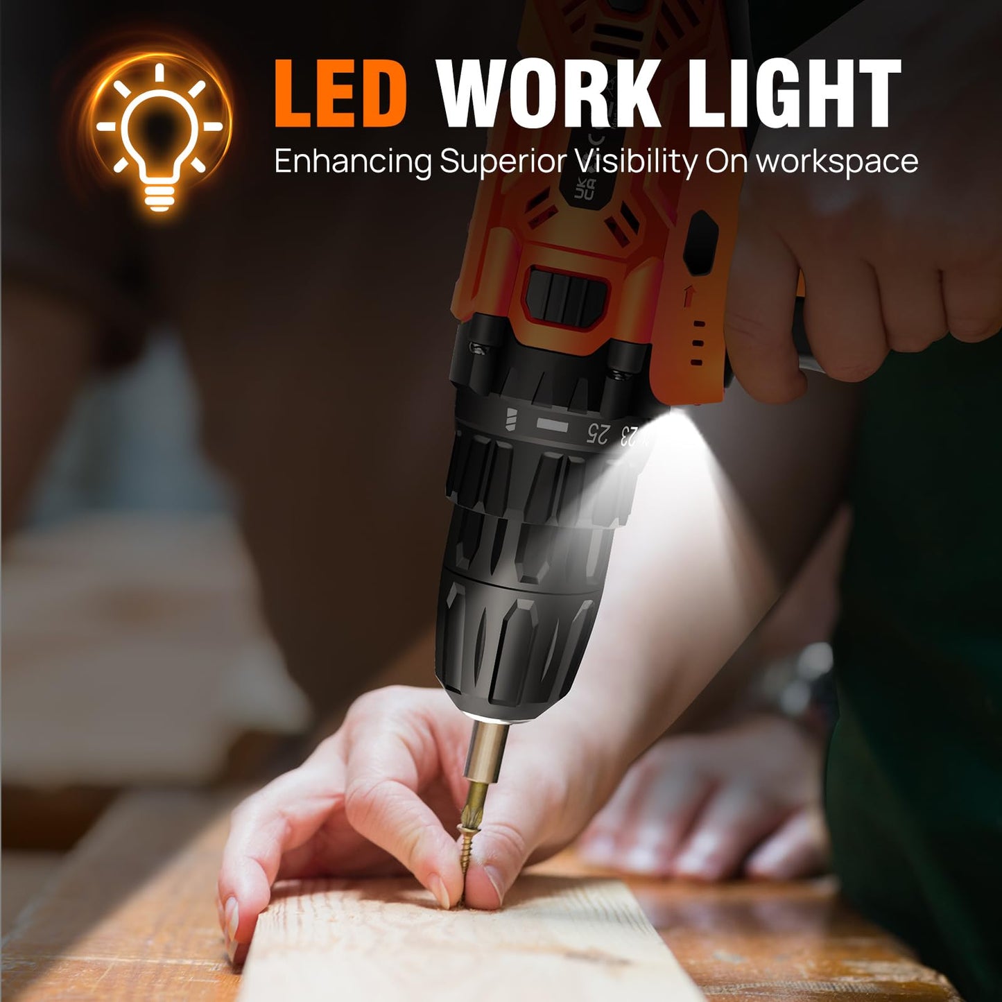 21V Cordless Power Drill with Two Batteries,Electric Screwdriver Drill Set, 2 Variable Speed,25+1 Torque Setting,29PCS Accessories,LED Work Light for Home and Garden DIY Project Kit(45Nm/Orange)