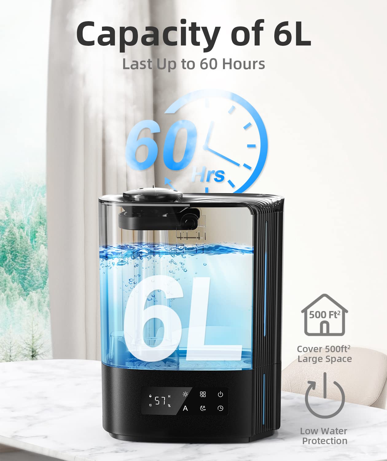 BREEZOME 6L Humidifiers for Bedroom Large Room, Ultrasonic Top Fill Cool Mist Humidifiers & Essential Oil Diffuser for Baby, Nursery, Plants, Last up to 60 Hours, Smart Humidistat Control, Quiet
